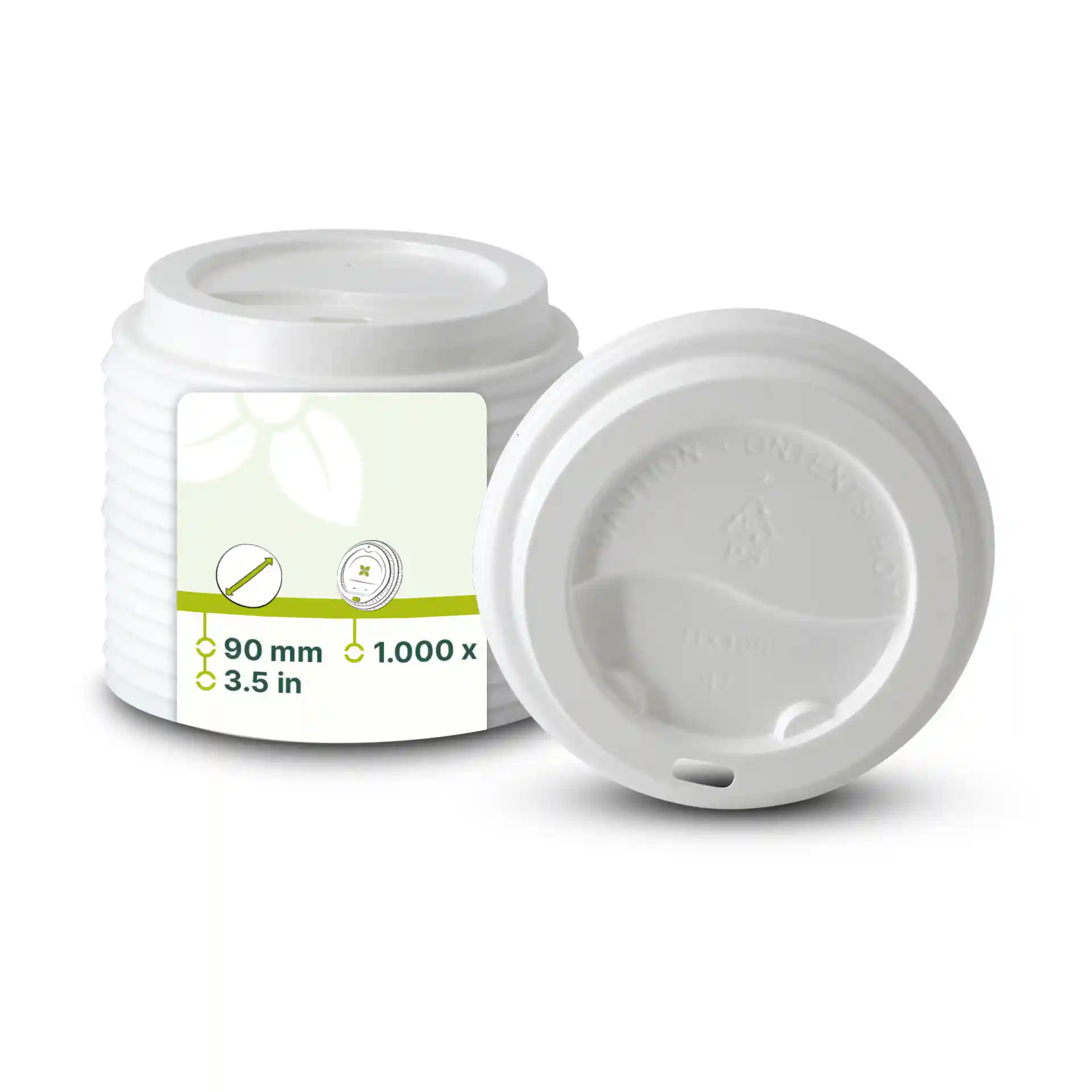 Coperchio rotondo in PS bianco con un diametro di 90 mm e un foro per bere, mostrato con un'etichetta e un altro coperchio accanto.