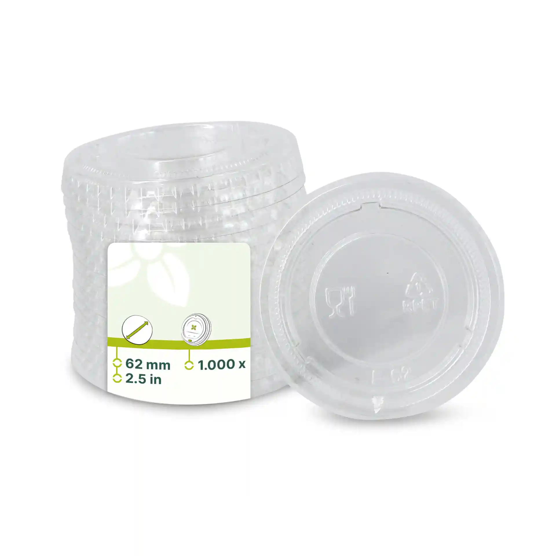 Coperchi rPET trasparenti con un diametro di 62 mm, impilati con un coperchio visibile sopra.