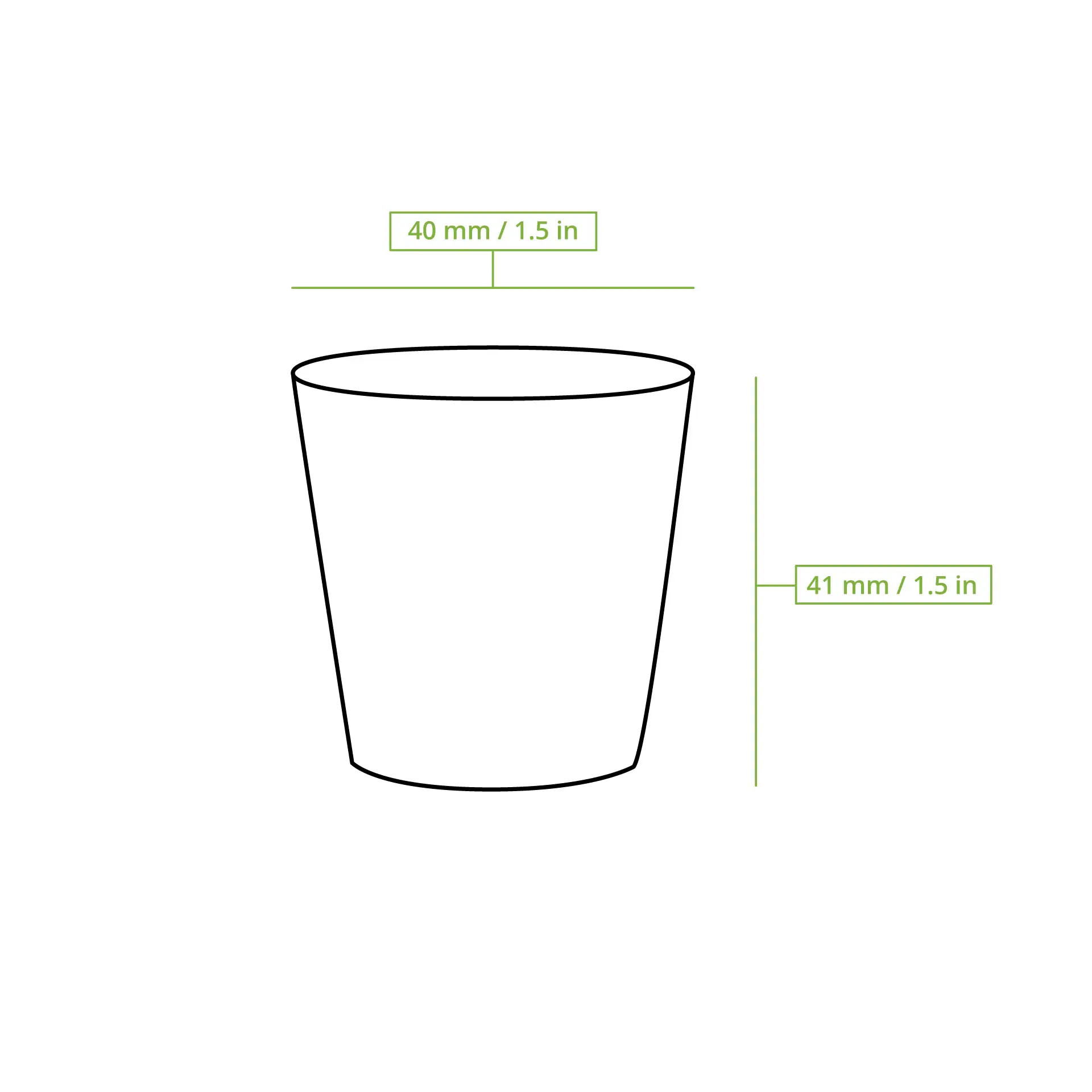 Un bicchierino di carta bianco con segno di calibrazione, dimensioni 40 mm x 41 mm; adatto per degustazioni e bevande.