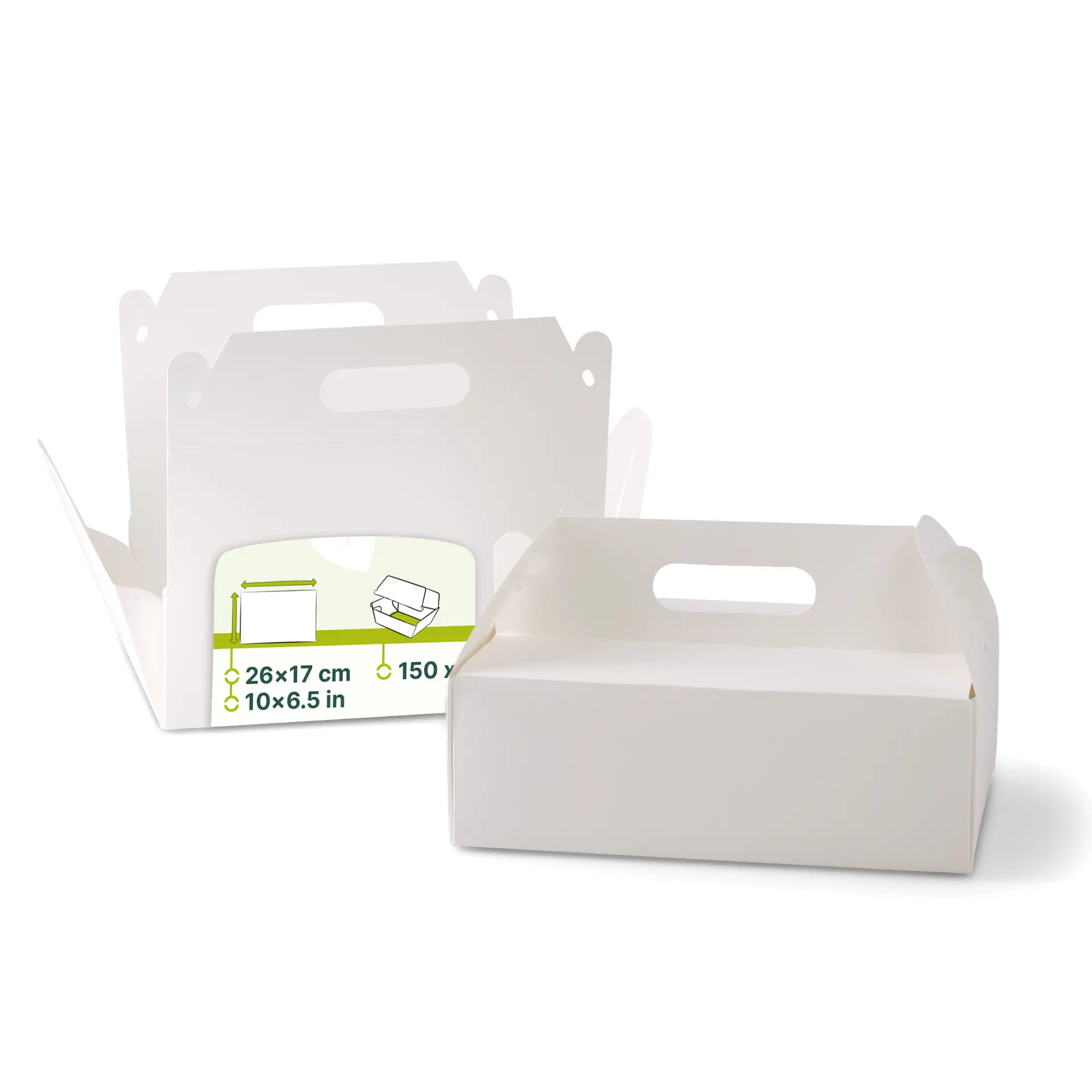 Kuchenbox aus Pappe mit Griff L, 26 x 17 x 9 cm, weiß, faltbar