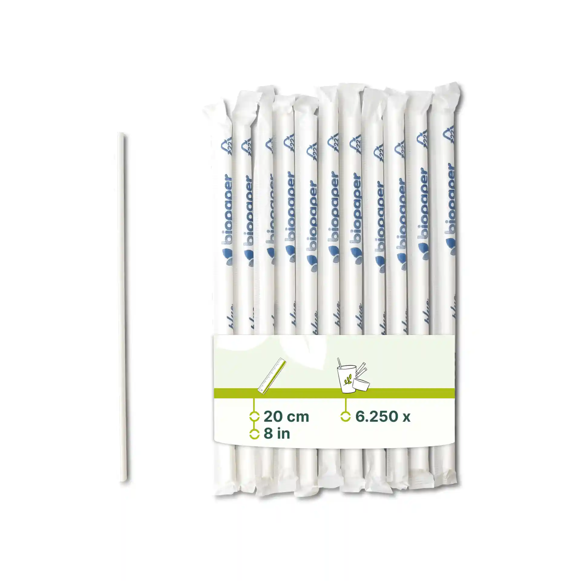 Cannucce di carta bianche, lunghe 20 cm e con un diametro di 0,5 cm, confezionate con un'etichetta.