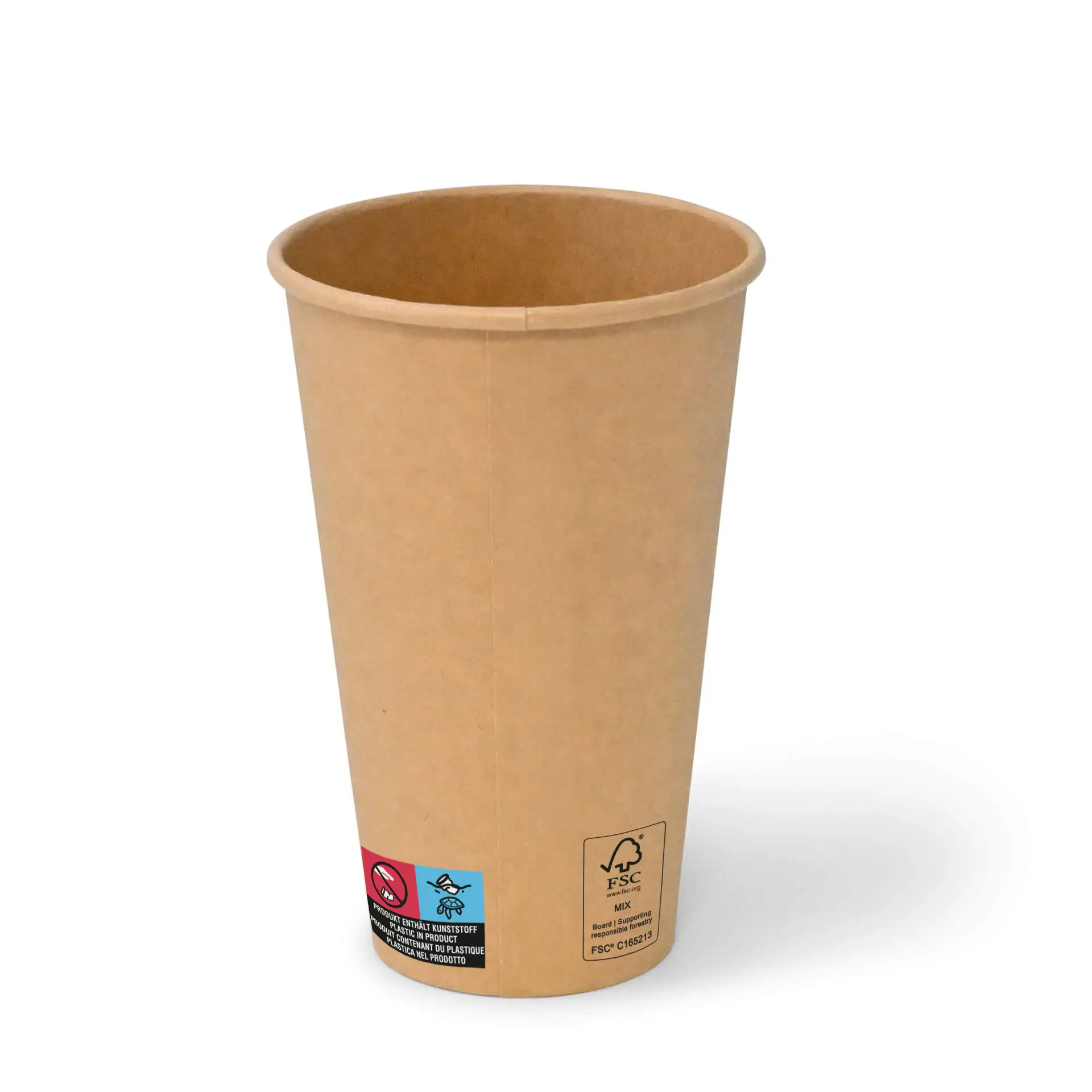 Una tazza di carta marrone da 16 oz con rivestimento in PE; presenta un'etichetta verticale con indicazioni per materiali e riciclo.