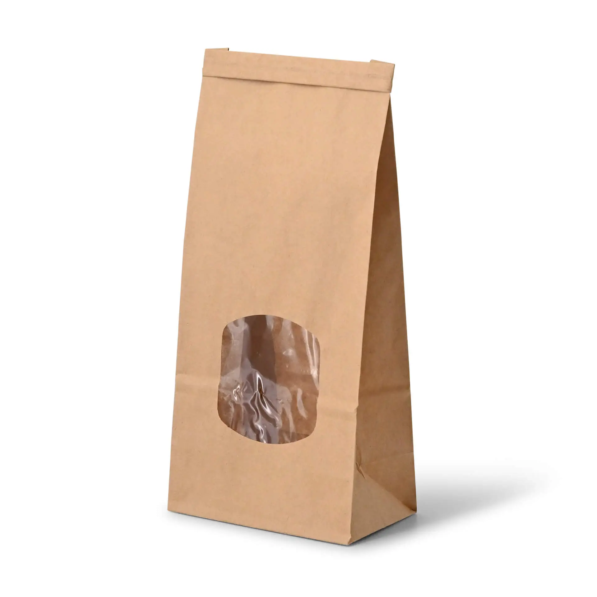 Borsa di carta marrone a fondo quadro con finestra trasparente, misura 11,5 x 7 x 24,5 cm, adatta per articoli aromatici.