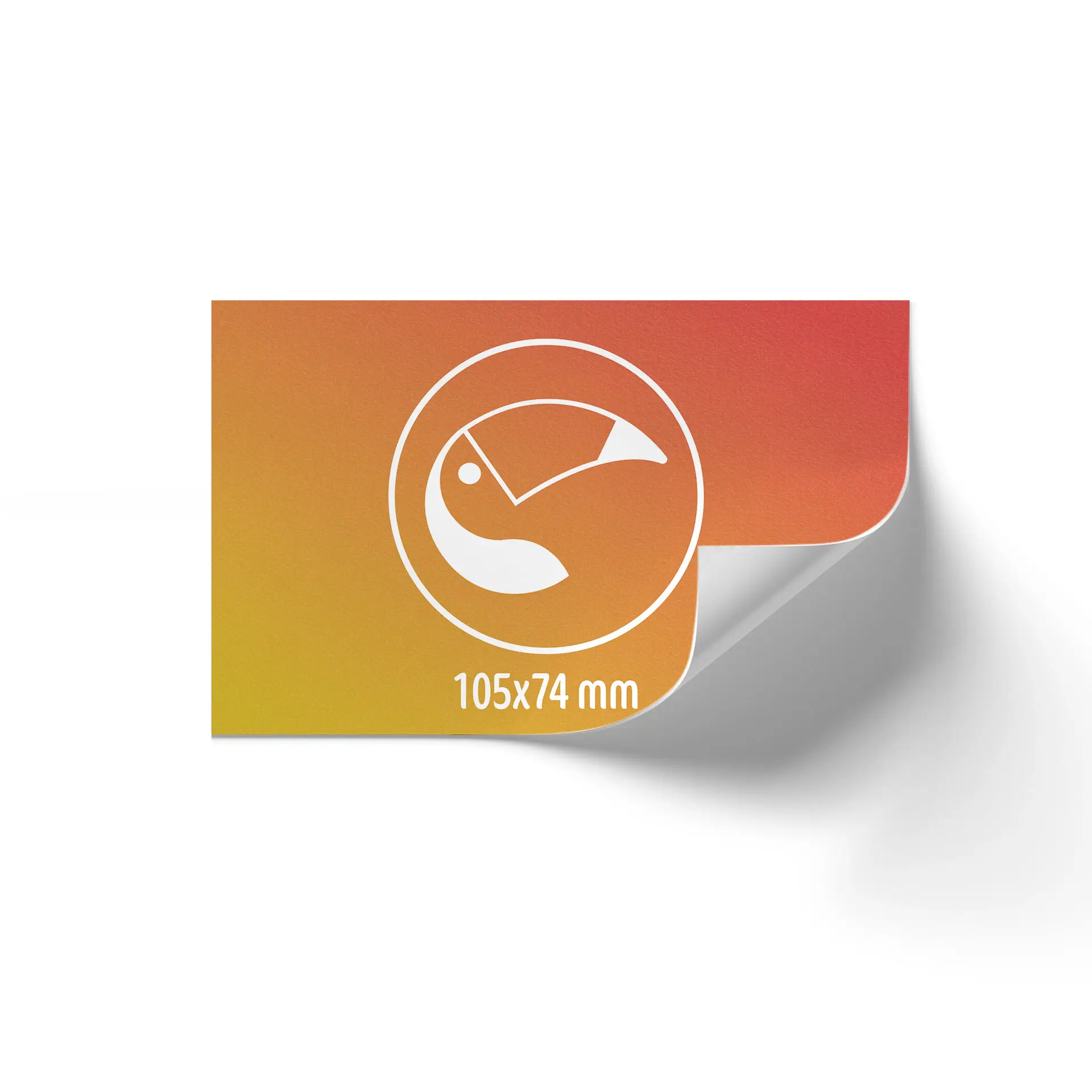 Rotolo di etichette stampate rettangolari, 105x74 mm, con un design a gradiente arancione e un simbolo di uccello.
