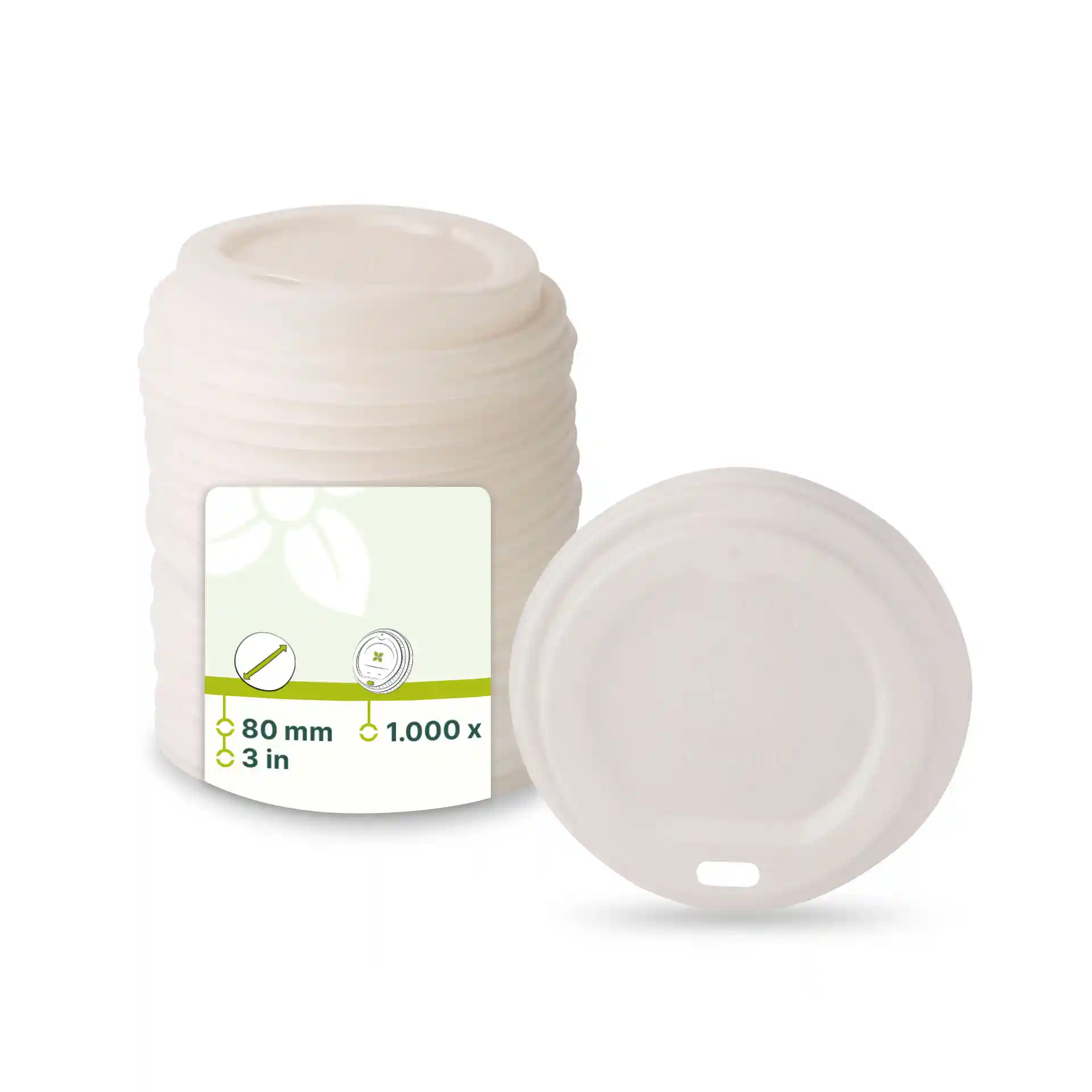 Coperchio CPLA bianco con foro per bere, diametro di 80 mm, mostrato con una pila di coperchi simili.