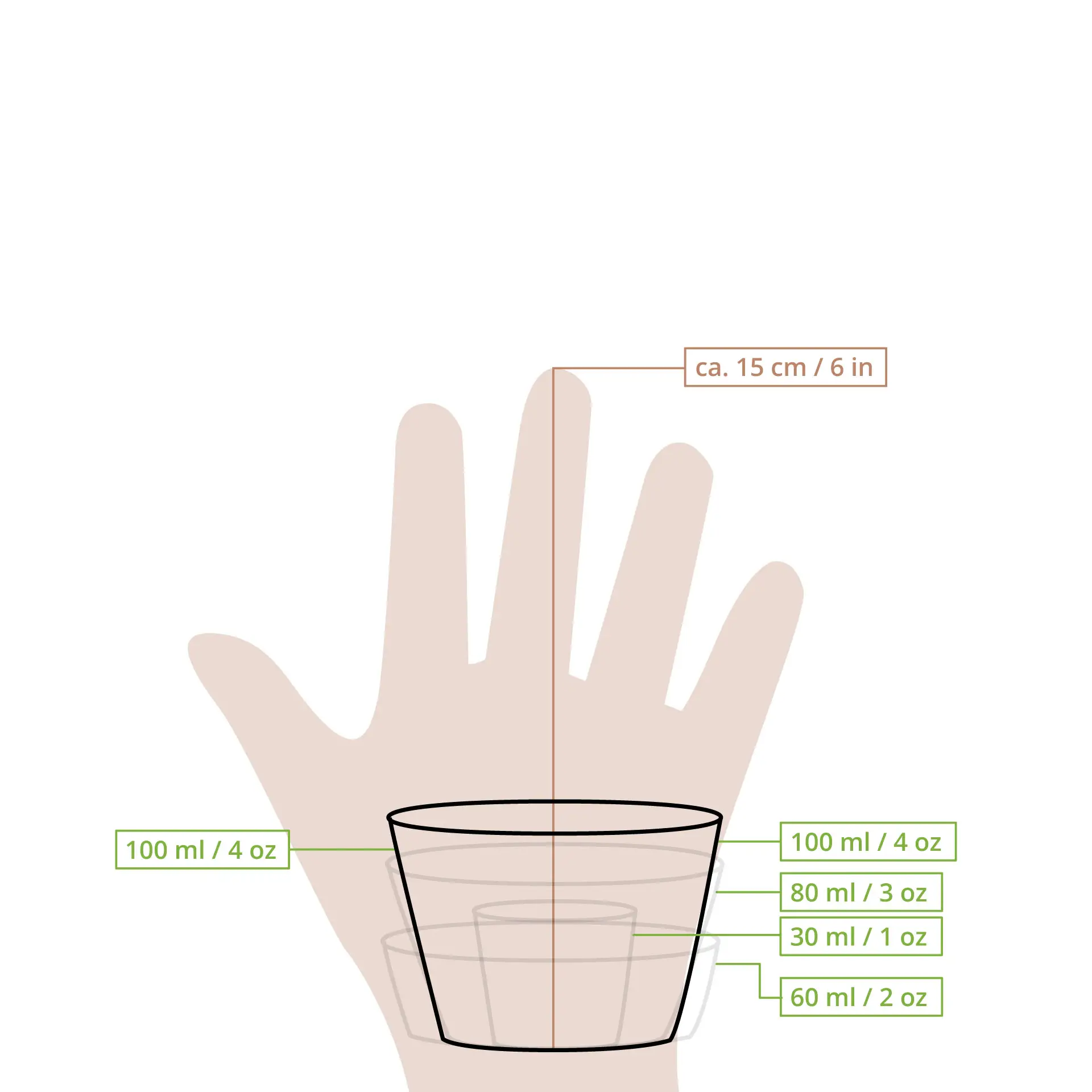 Un cup di porzione in PLA trasparente posizionato su una mano, con indicazioni di volume di 100 ml, 80 ml, 60 ml e 30 ml.
