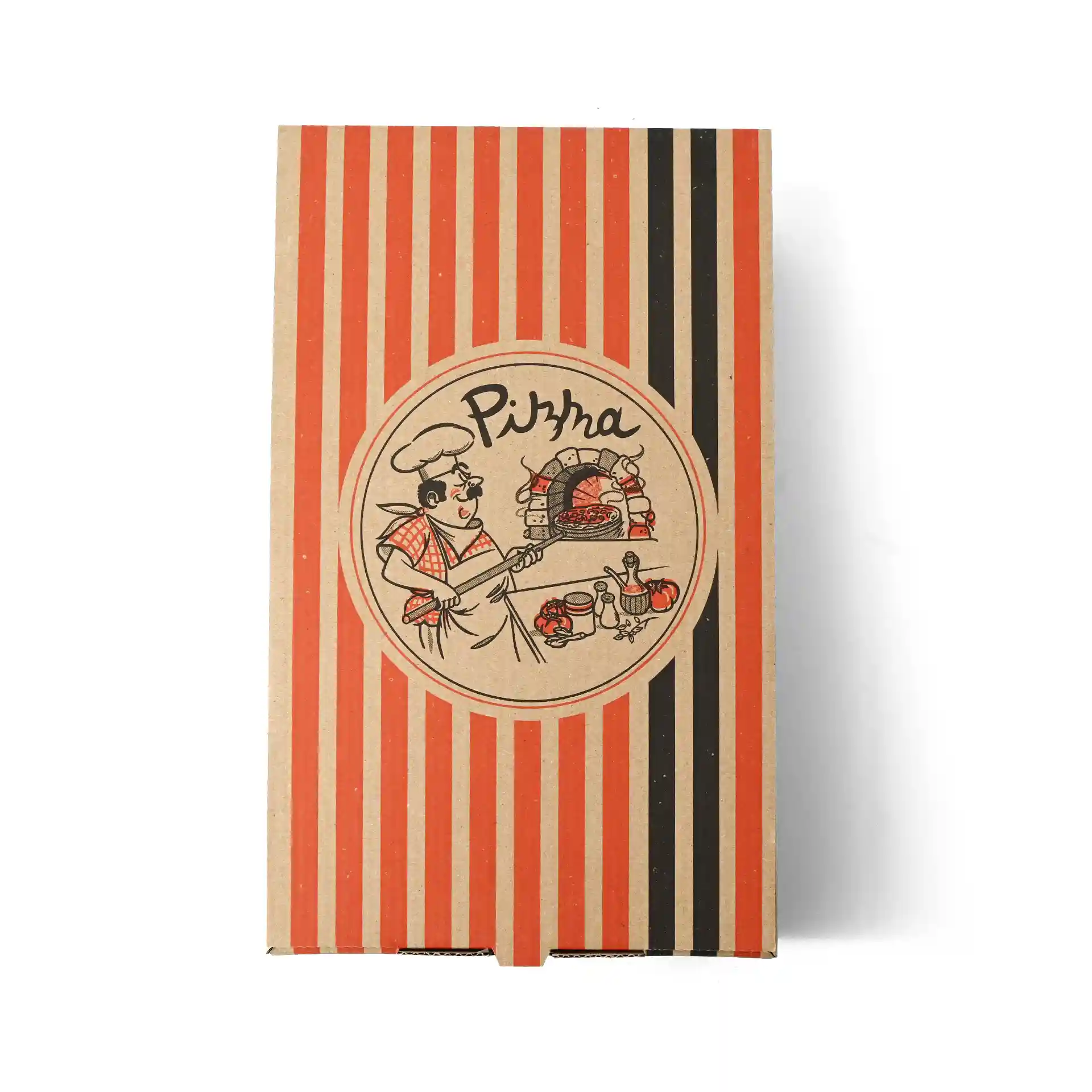 Scatola per pizza marrone con design di chef pizzaiolo, strisce rosse e nere, misura 27 x 16 x 7 cm.