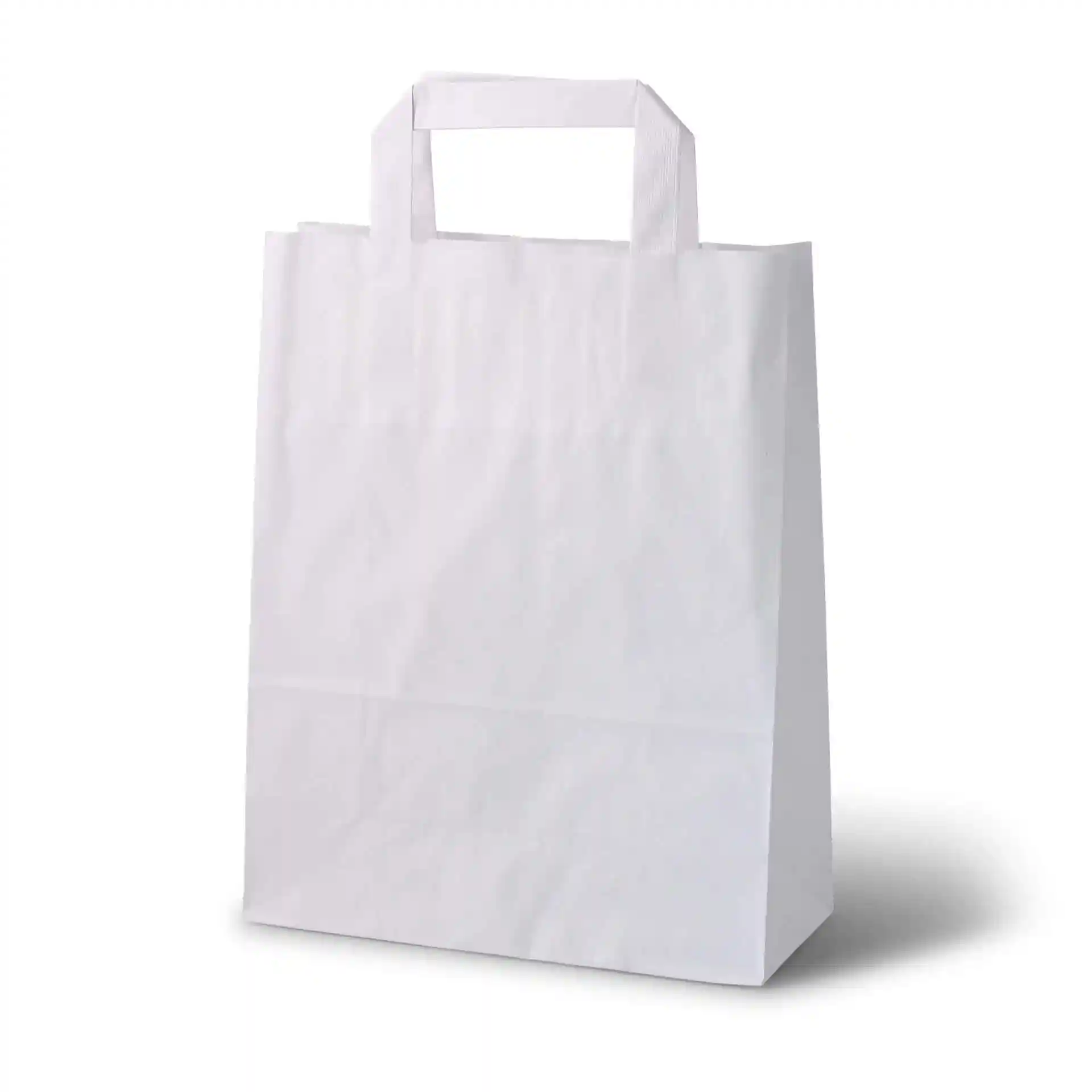 Borsa in carta kraft bianca con un'altezza di 280 mm, una lunghezza di 220 mm e una larghezza di 100 mm.