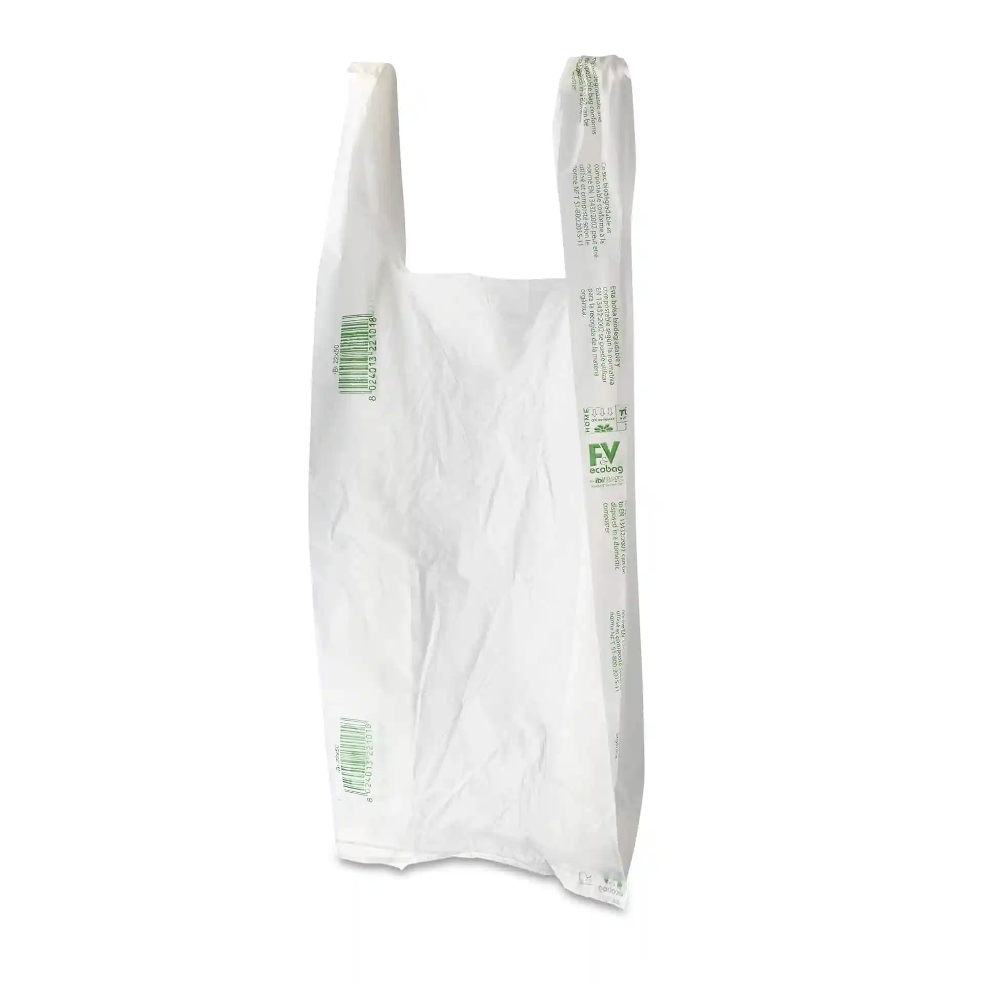 Busta di plastica bianca con manici, dimensioni 22 x 13 x 50 cm, design stampato, adatta per trasportare oggetti.