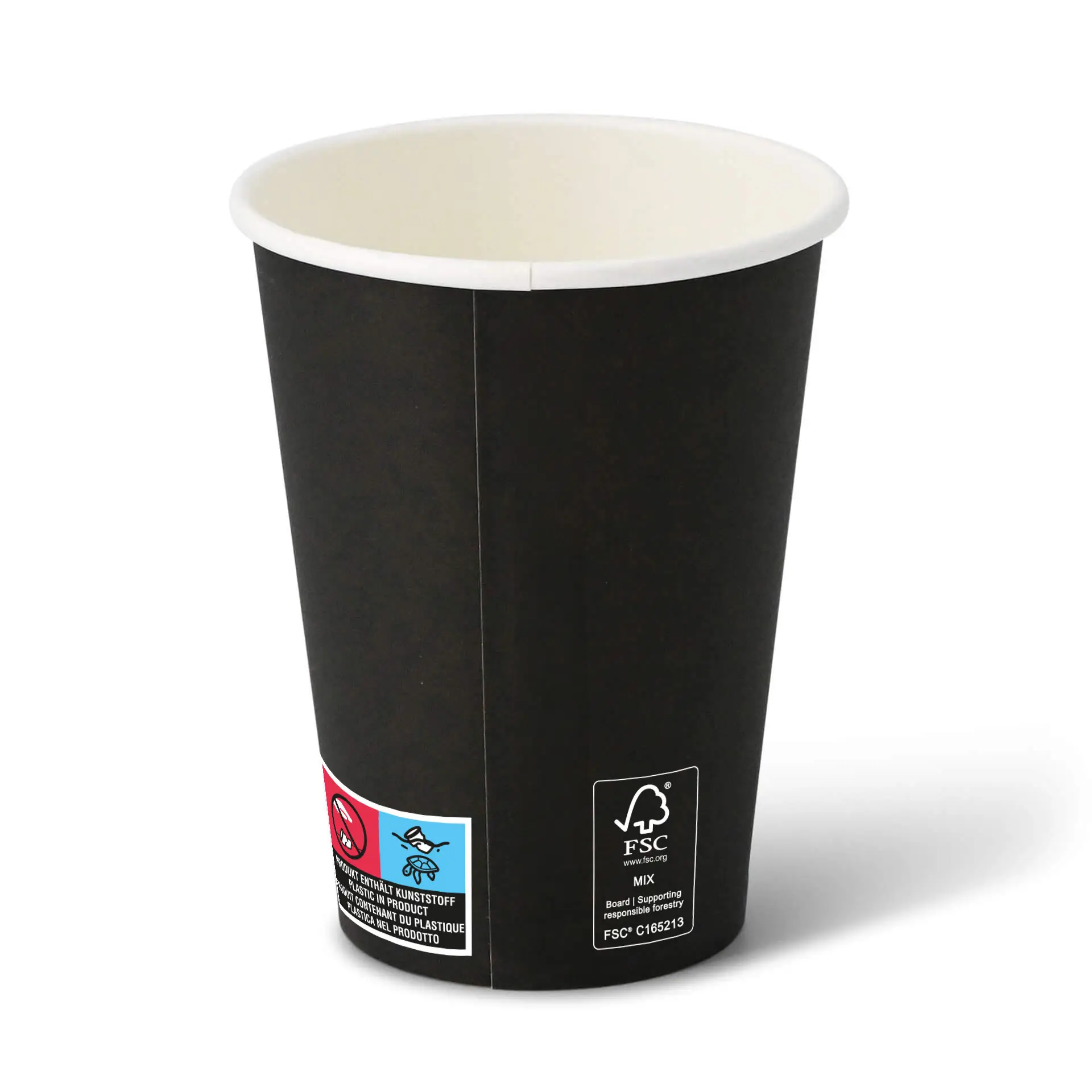 Bicchiere di carta nero da 12 oz con forma rotonda e interno bianco, con varie etichette sul lato.