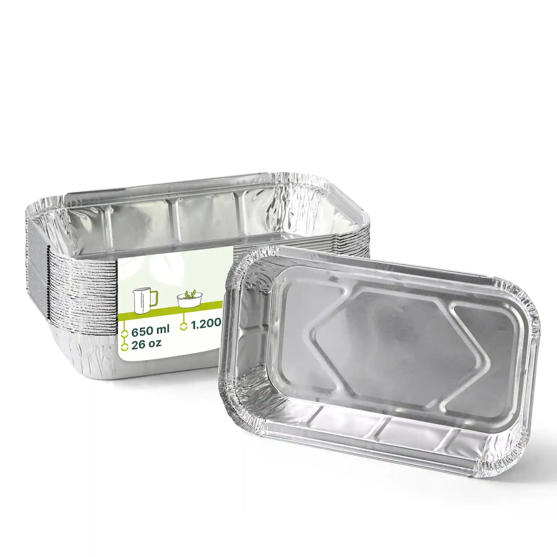 Contenitore in alluminio rettangolare di 22,4 x 13,2 x 3,4 cm, con un volume di riempimento di 650 ml.