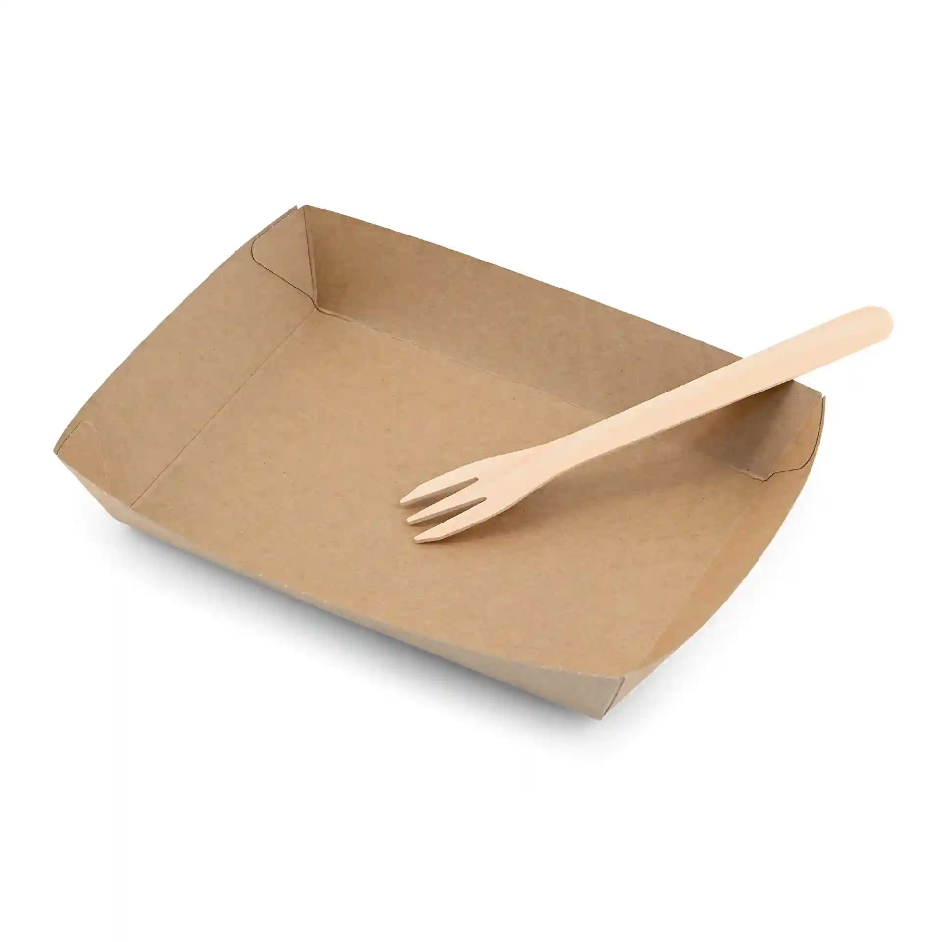 Vassoio di cartone marrone con una forchetta di legno a tre punte all'interno.