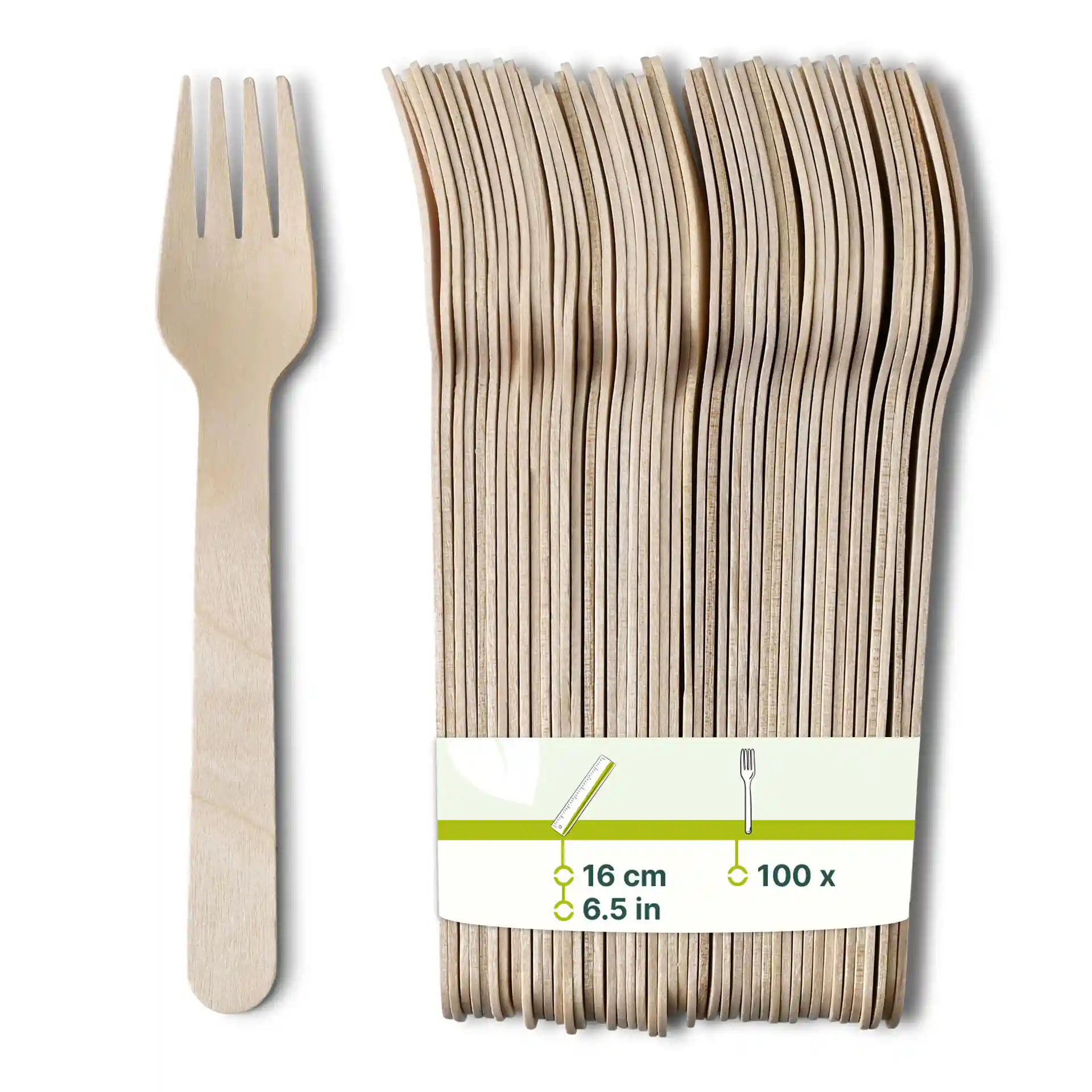 Forchette in legno, lunghe 16 cm, disposte in una pila con una forchetta accanto.