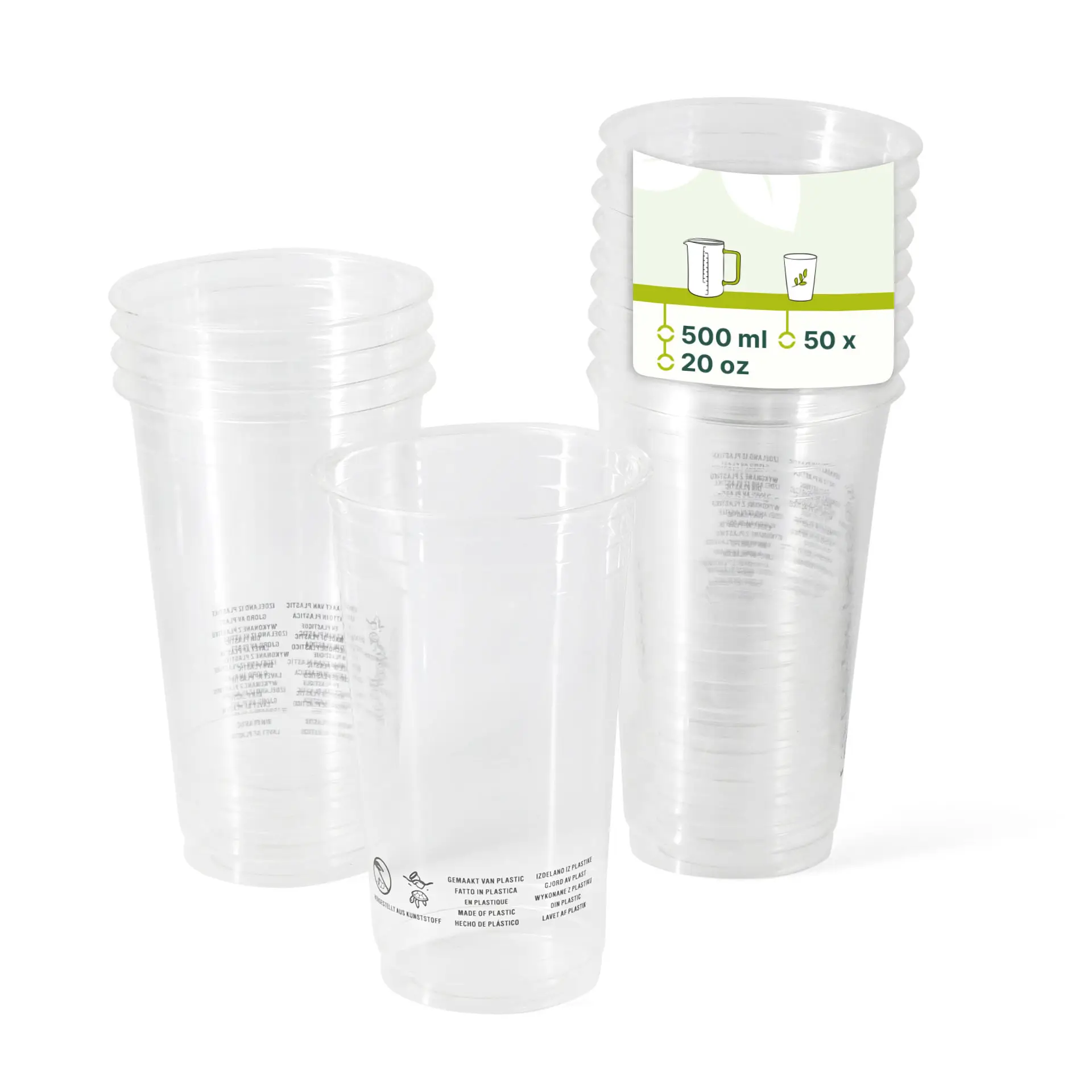 Bicchieri in plastica PLA trasparenti impilati, ciascuno con una capacità di 500 ml e un diametro di 95 mm, con marchi stampati.