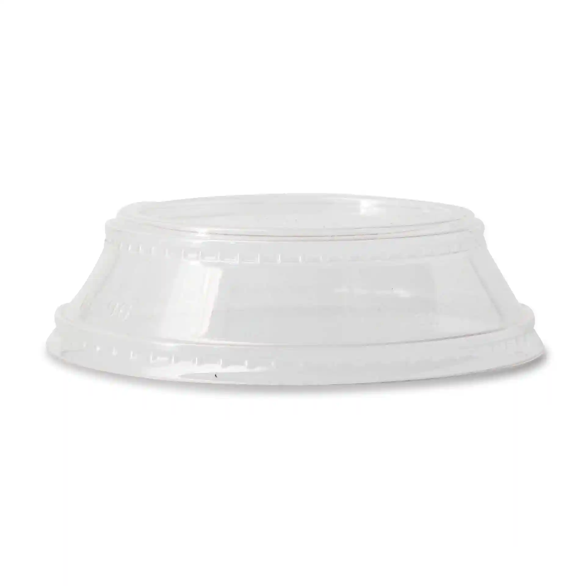 Coperchio in PLA trasparente con un diametro di 96 mm e un'altezza di 28 mm, mostrato di lato.