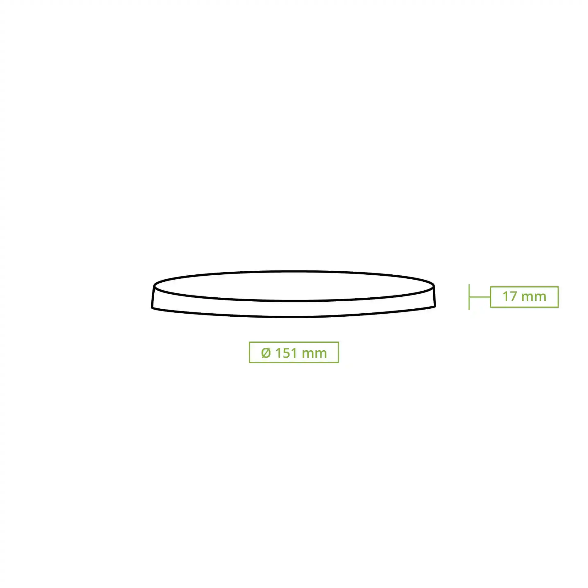 Disegno schematico di un coperchio rotondo in cartone con un diametro di 151 mm e un'altezza di 17 mm.