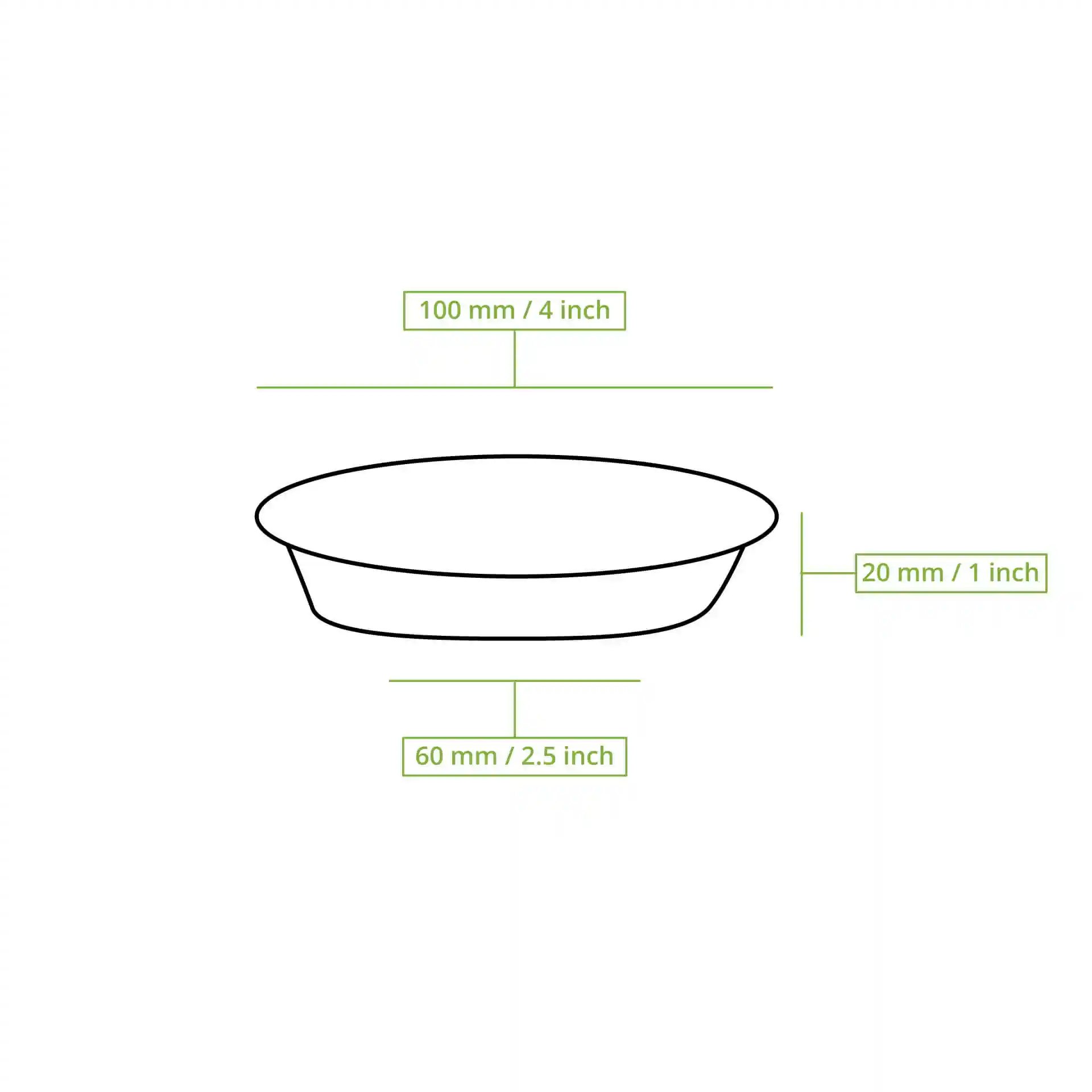 Disegno schematico di una ciotola rotonda in foglia di palma con dimensioni: 100 mm di diametro, 20 mm di altezza e 60 mm di diametro alla base.