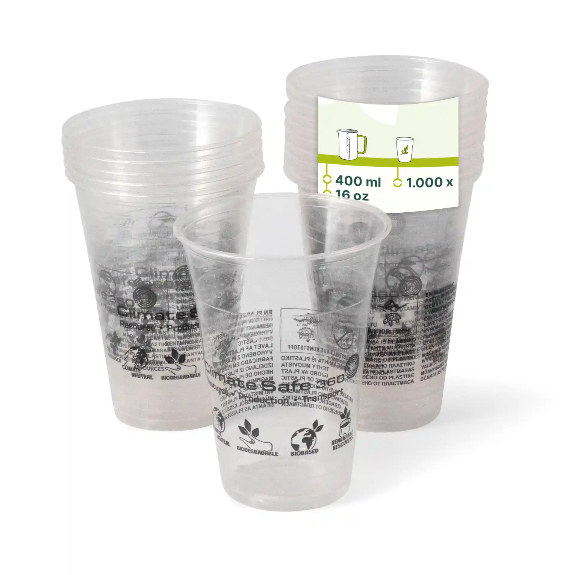 Bicchieri per smoothie PLA trasparenti da 16 oz impilati, con un bicchiere che mostra un'etichetta di capacità di 400 ml.