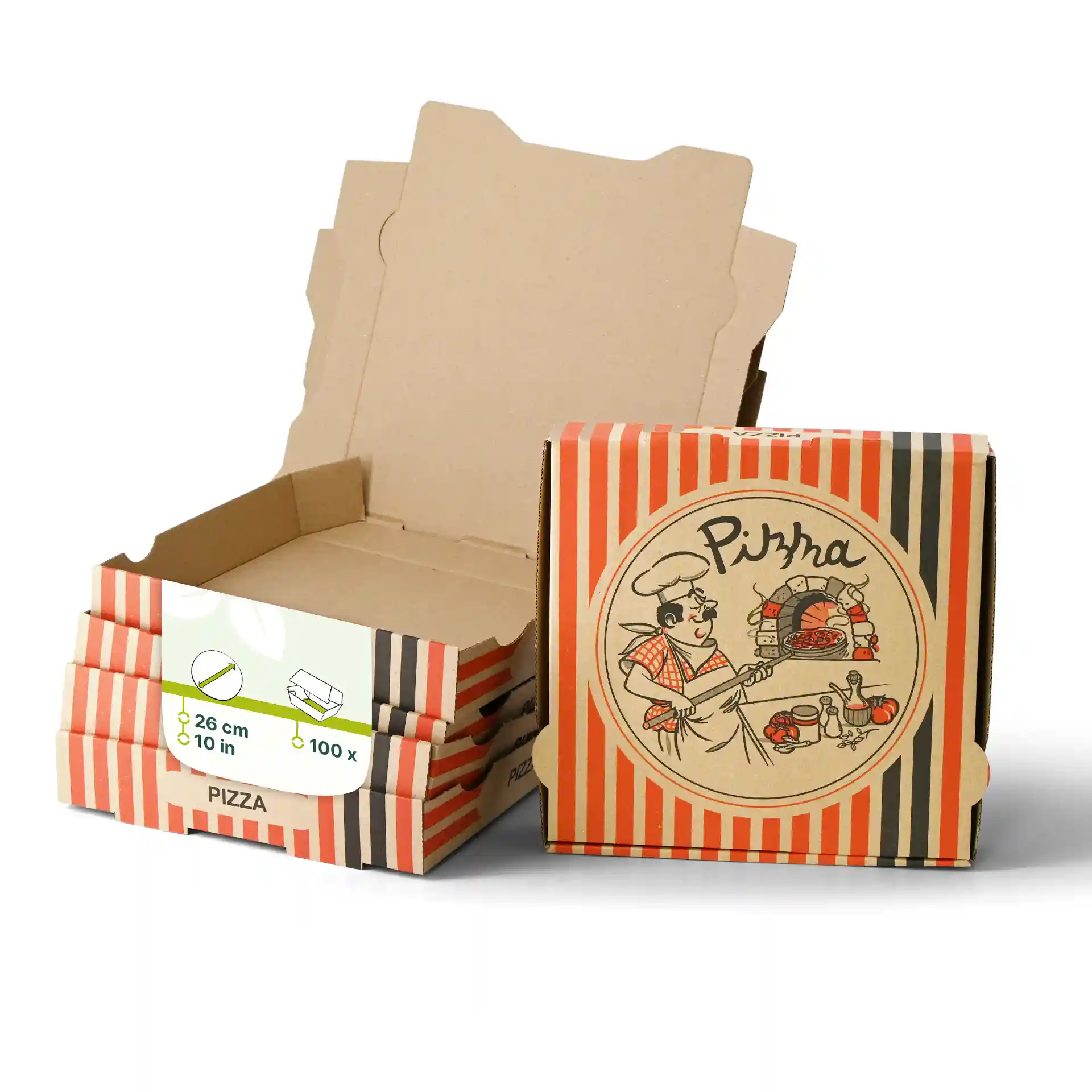 Scatola per pizza marrone con design di chef pizzaiolo, misura 26 x 26 x 4 cm, con diverse scatole impilate dietro.