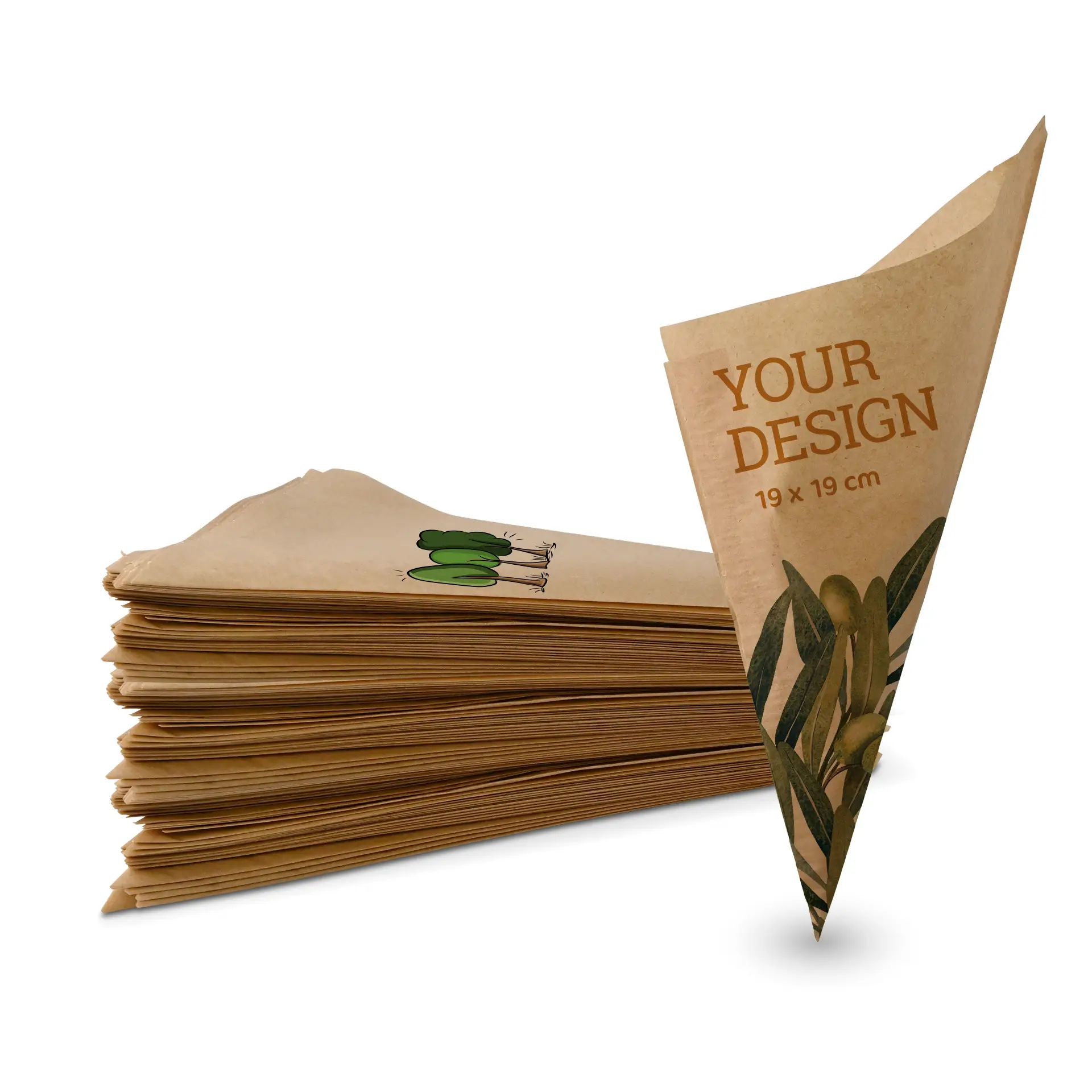 Sacchetti di carta a cono personalizzati per patatine e snack, 19 x 19 cm, con un design di fogliame e un logo.