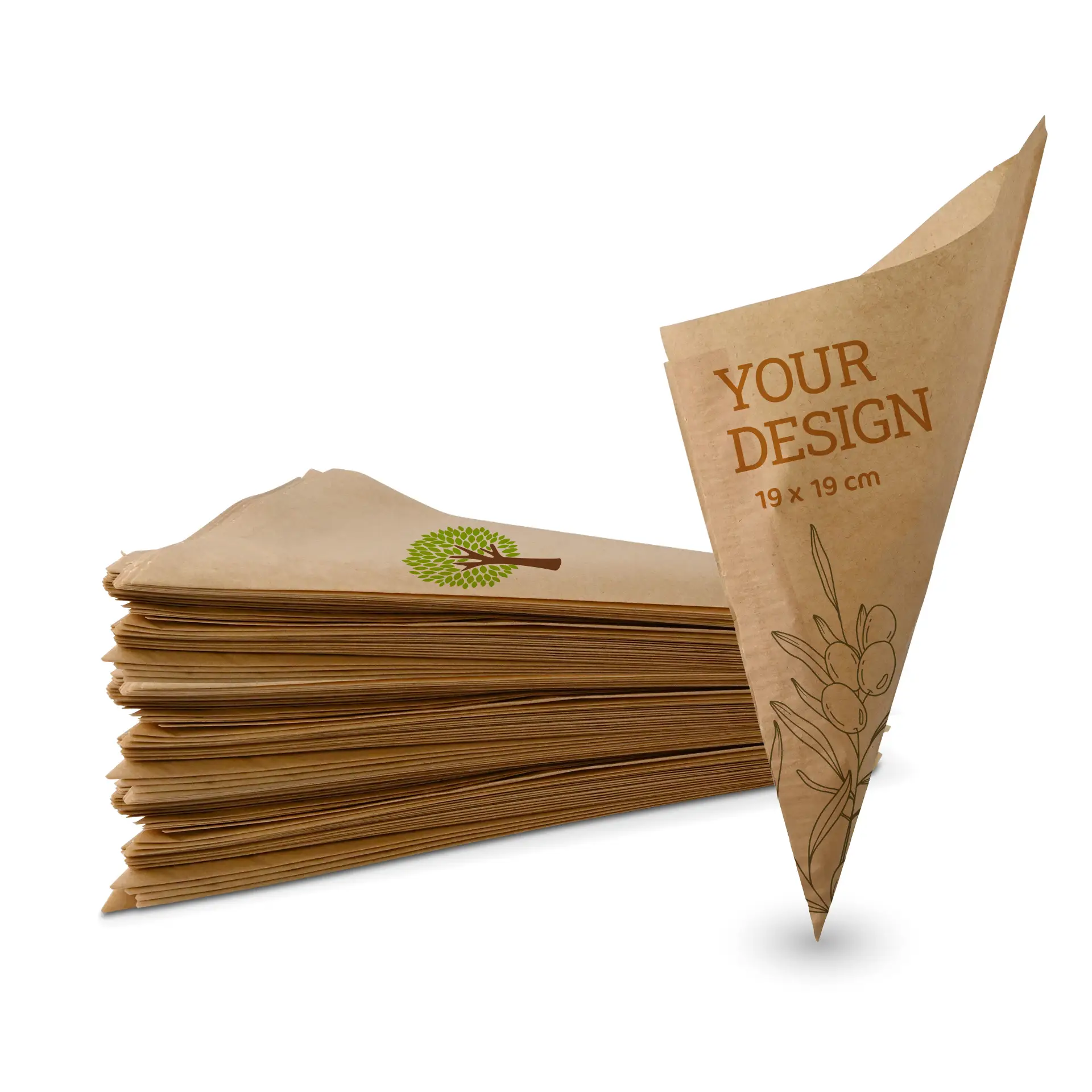 Sacchetti di carta a cono personalizzati per patatine e snack, 19 x 19 cm, con un design di fogliame e un logo.