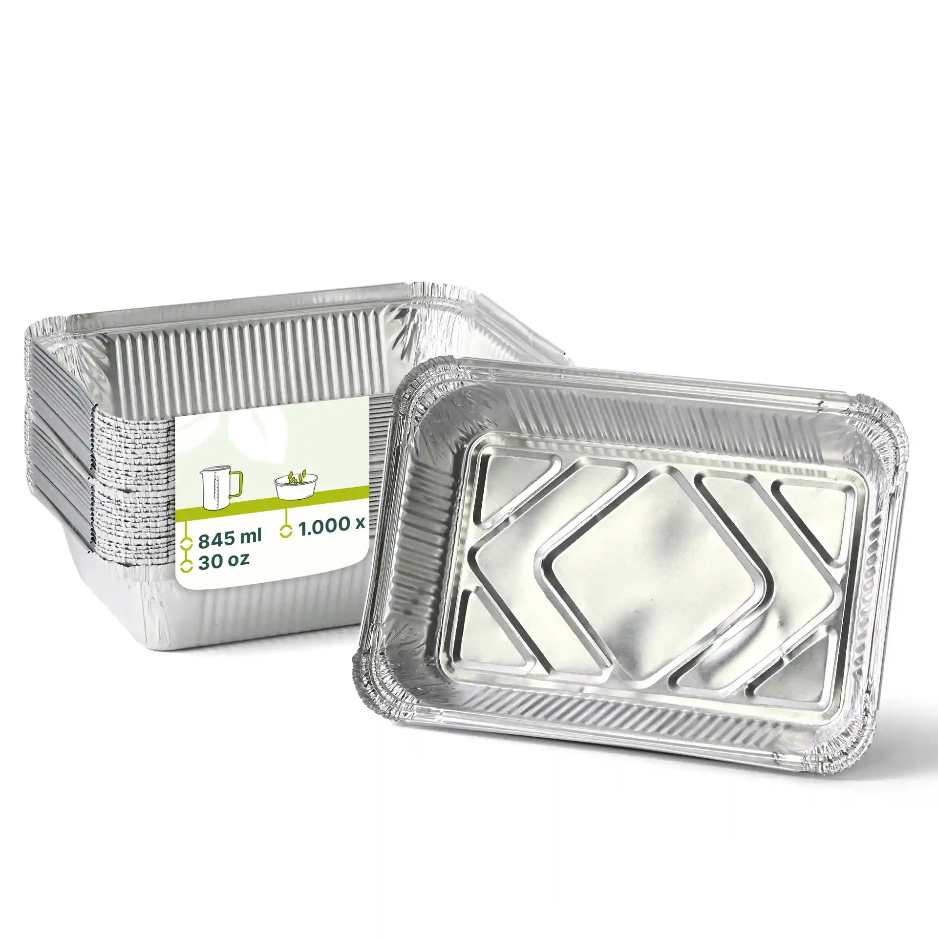 Contenitori in alluminio rettangolari impilati, misurano 21,4 x 14,9 x 4,3 cm, con un volume di riempimento di 845 ml.