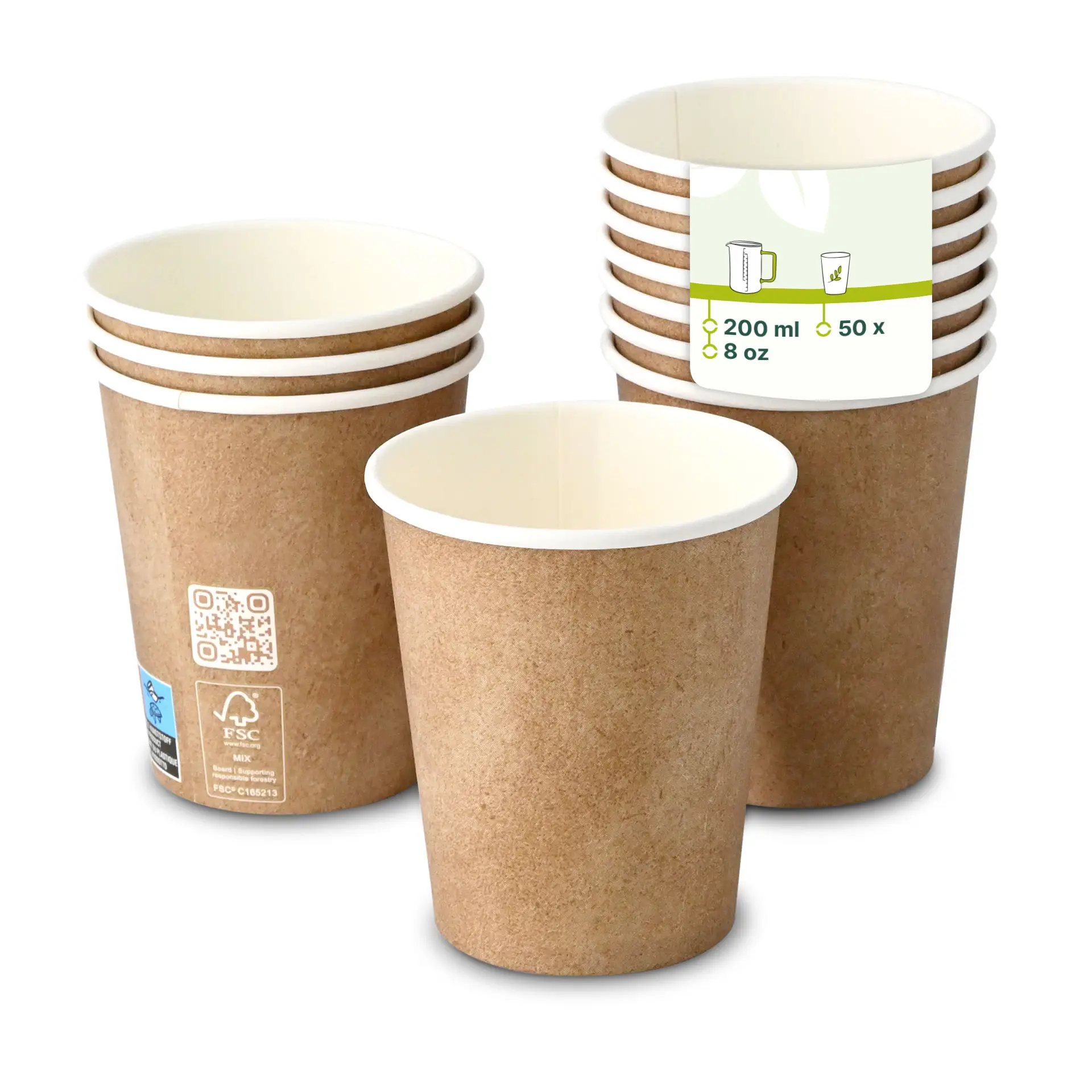 Bicchieri di carta marroni con rivestimento interno bianco, parete singola, capacità di 200 ml, impilati con un bicchiere davanti.