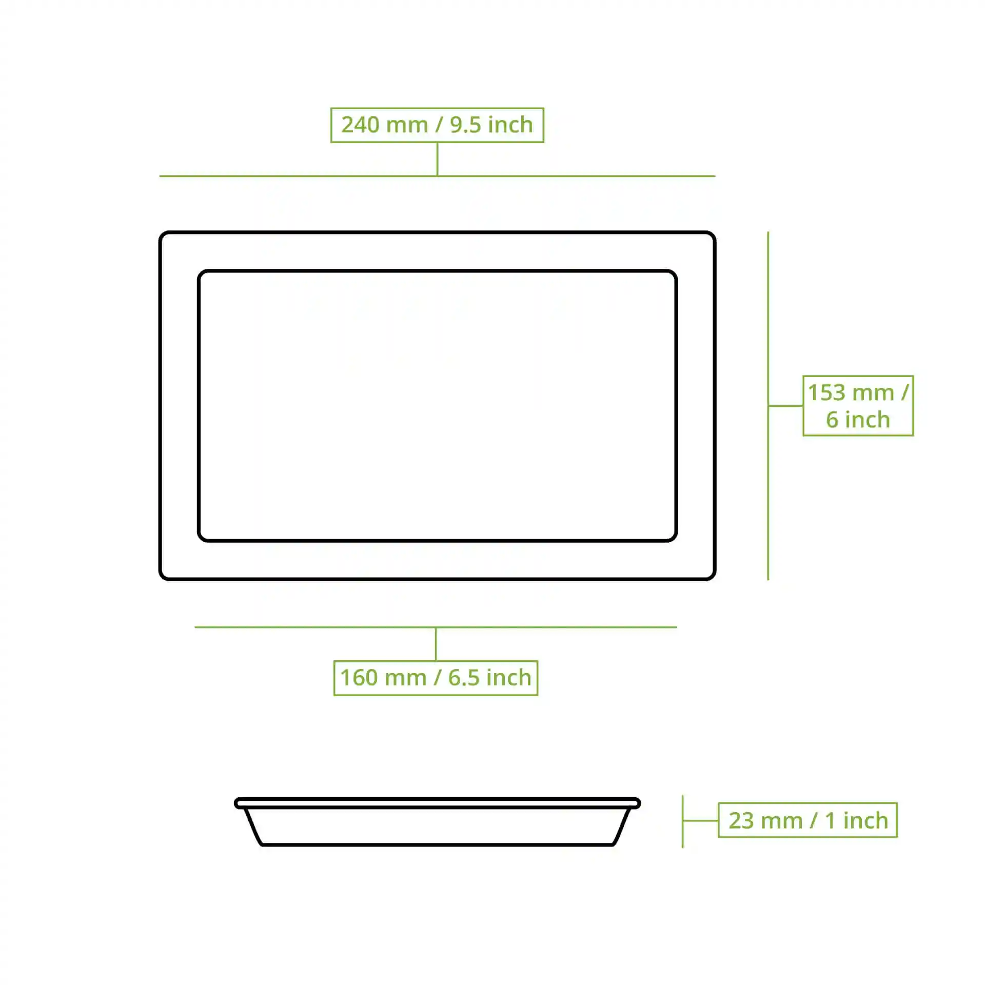 Disegno schematico di un piatto rettangolare in foglia di palma con dimensioni: 240 mm di lunghezza, 153 mm di larghezza e 23 mm di altezza.