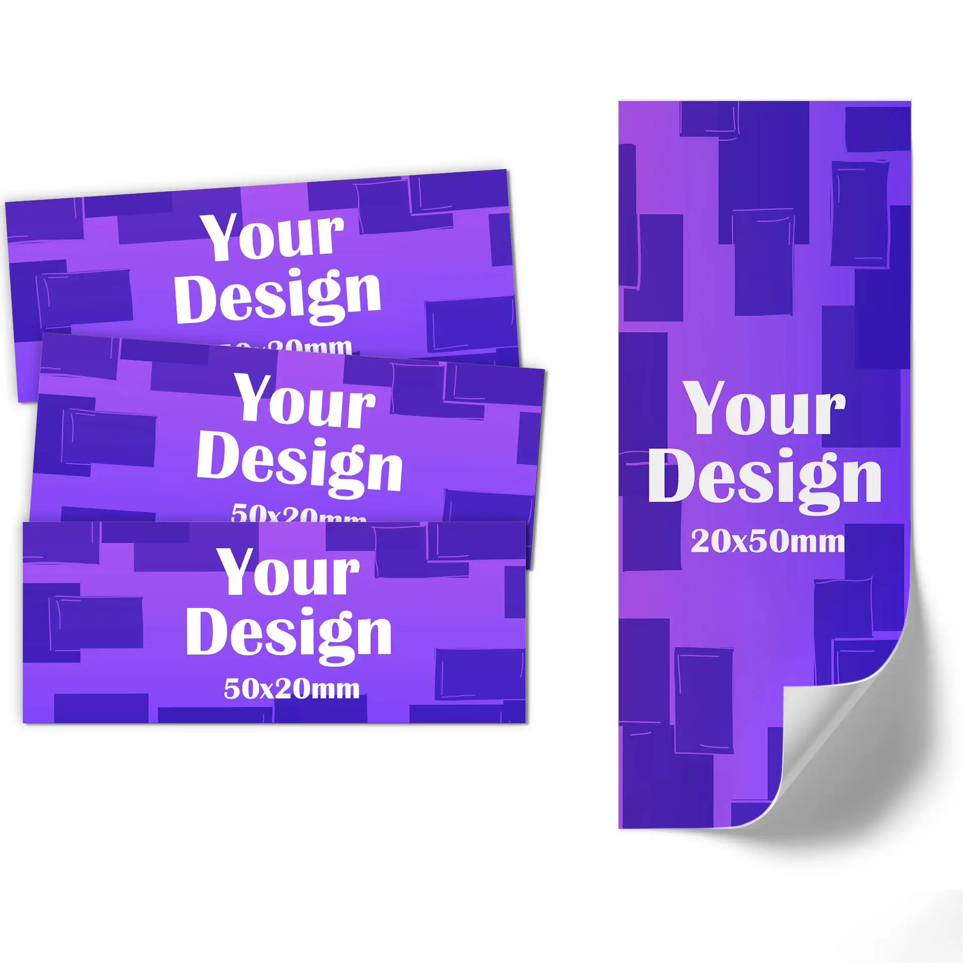 Un'etichetta viola con un'icona circolare e dimensioni di 50x20 mm; angolo leggermente arrotolato.