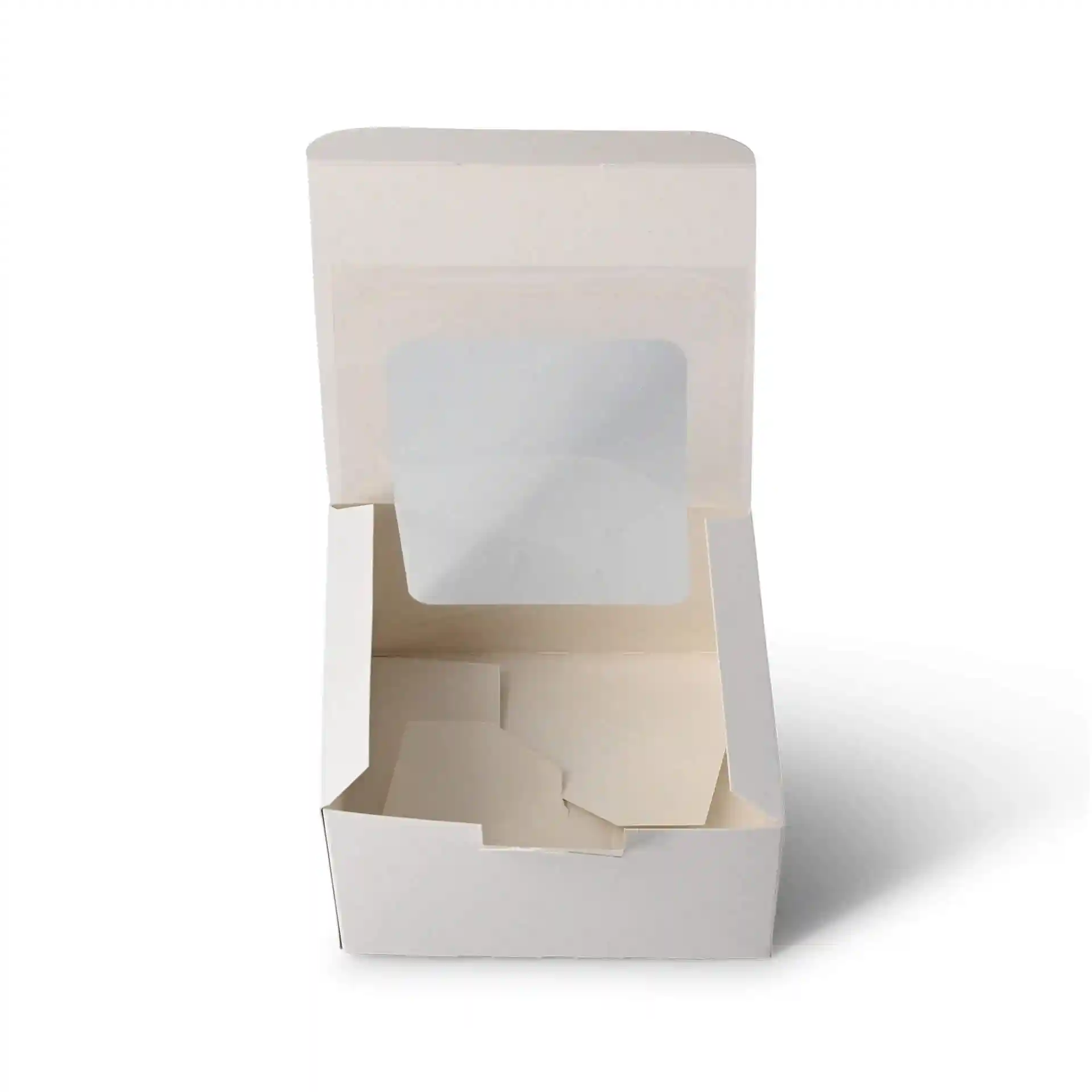 Scatola per dolci bianca con finestra in cellulosa, misura 13 x 11 x 8 cm, mostrata aperta e vuota.