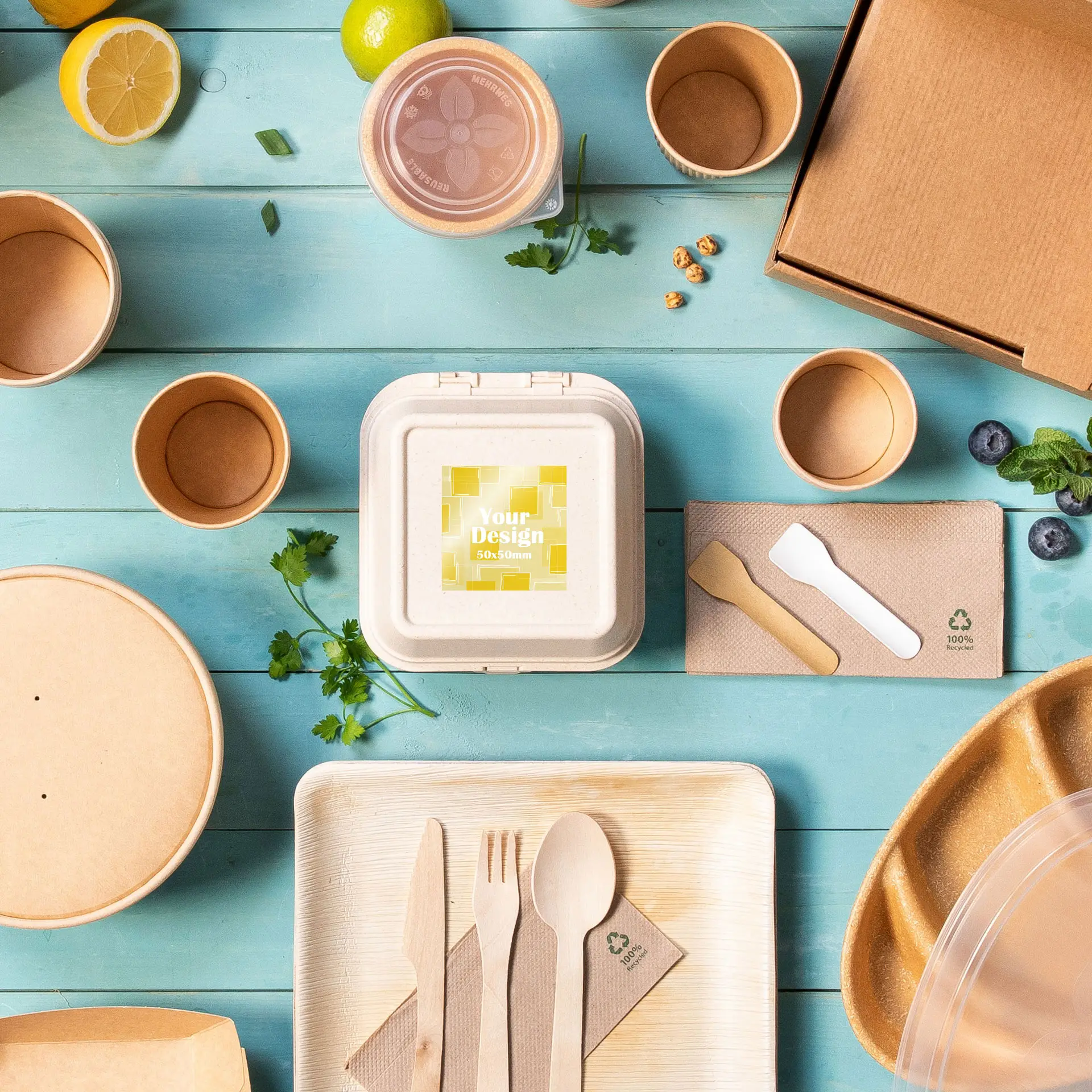 Un rotolo di etichette quadrate bianche lucide su un contenitore da asporto beige, circondato da imballaggi usa e getta e posate su uno sfondo blu.