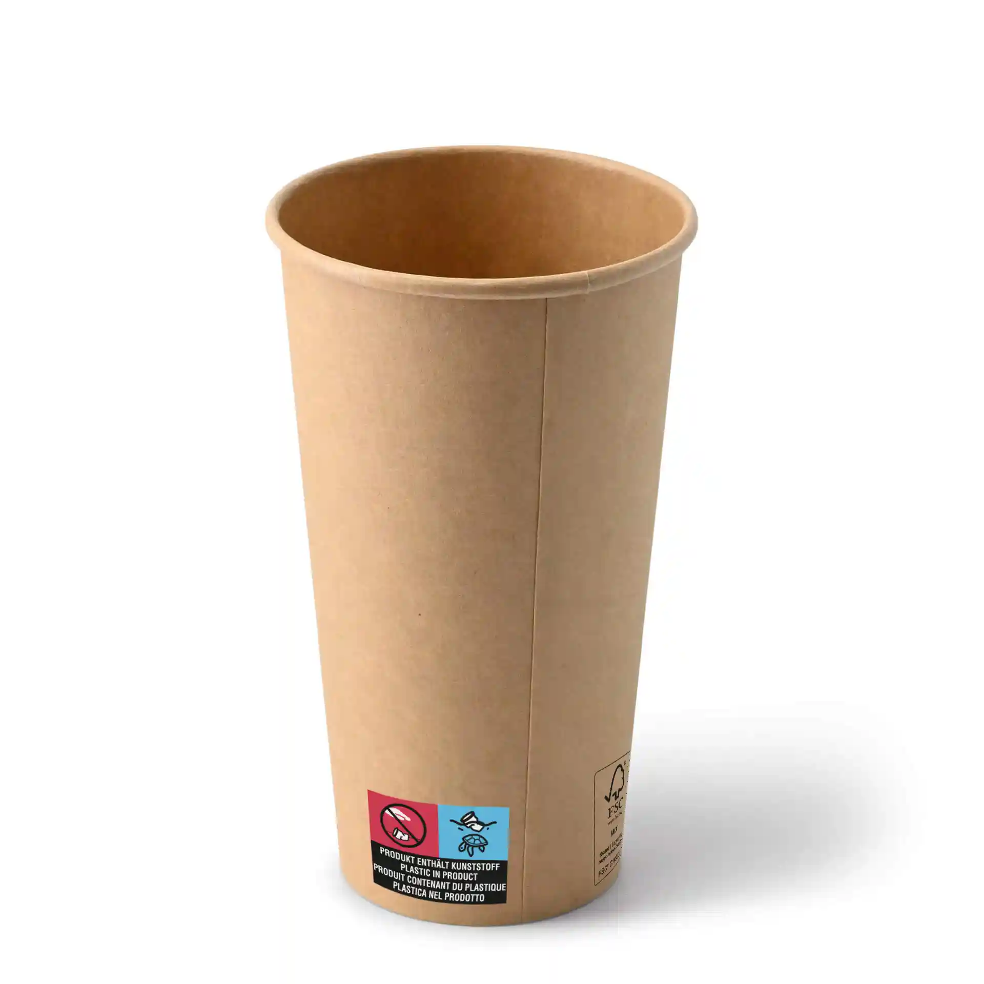 Bicchiere di carta marrone da 20 oz con forma rotonda e un'etichetta blu con simboli sul lato.