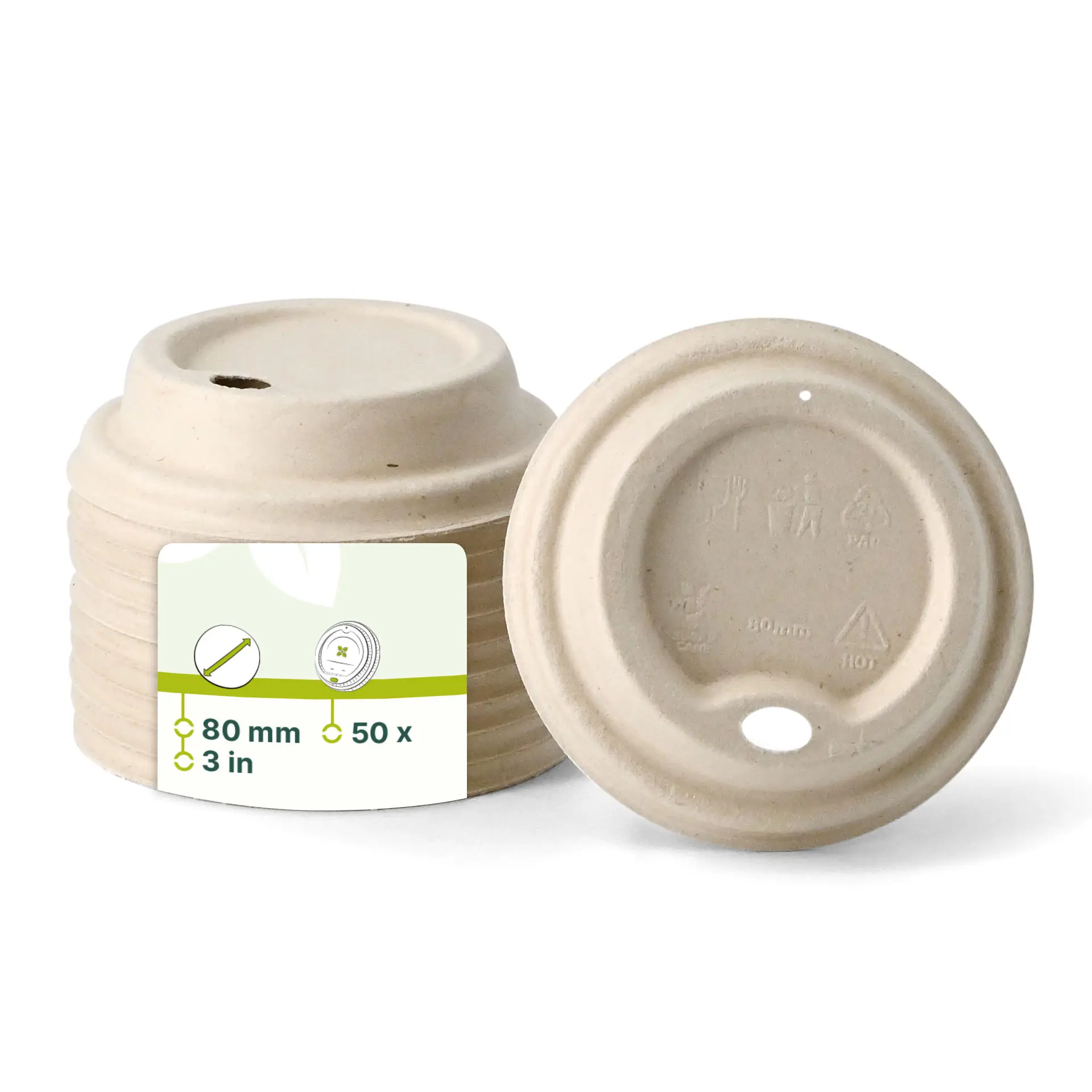 Coperchi in canna da zucchero marroni per bicchieri, diametro 80 mm, con apertura per bere. Adatti per bevande calde e fredde.