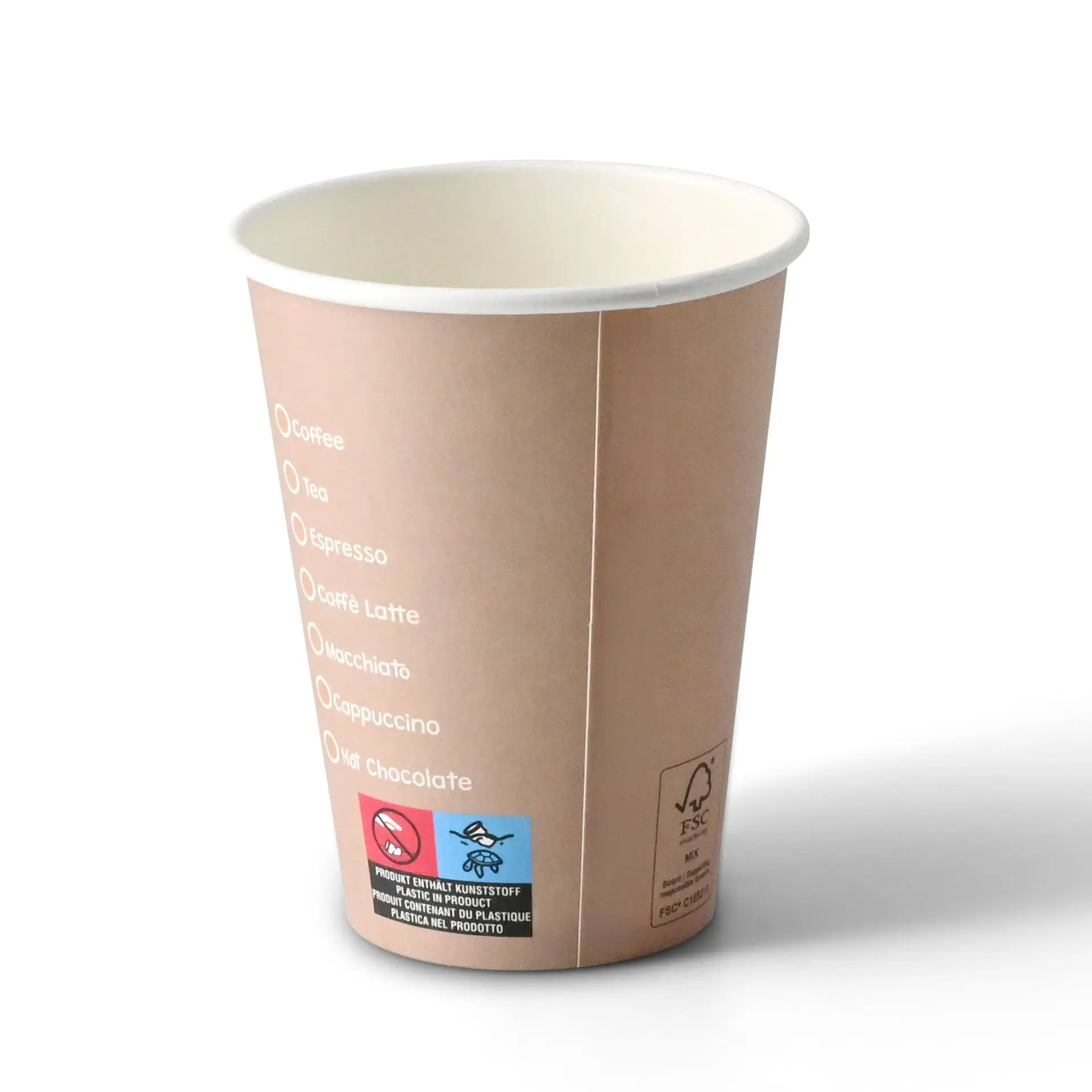 Bicchiere di carta rotondo da 12 oz con opzioni di bevande stampate, interno bianco ed esterno rivestito.