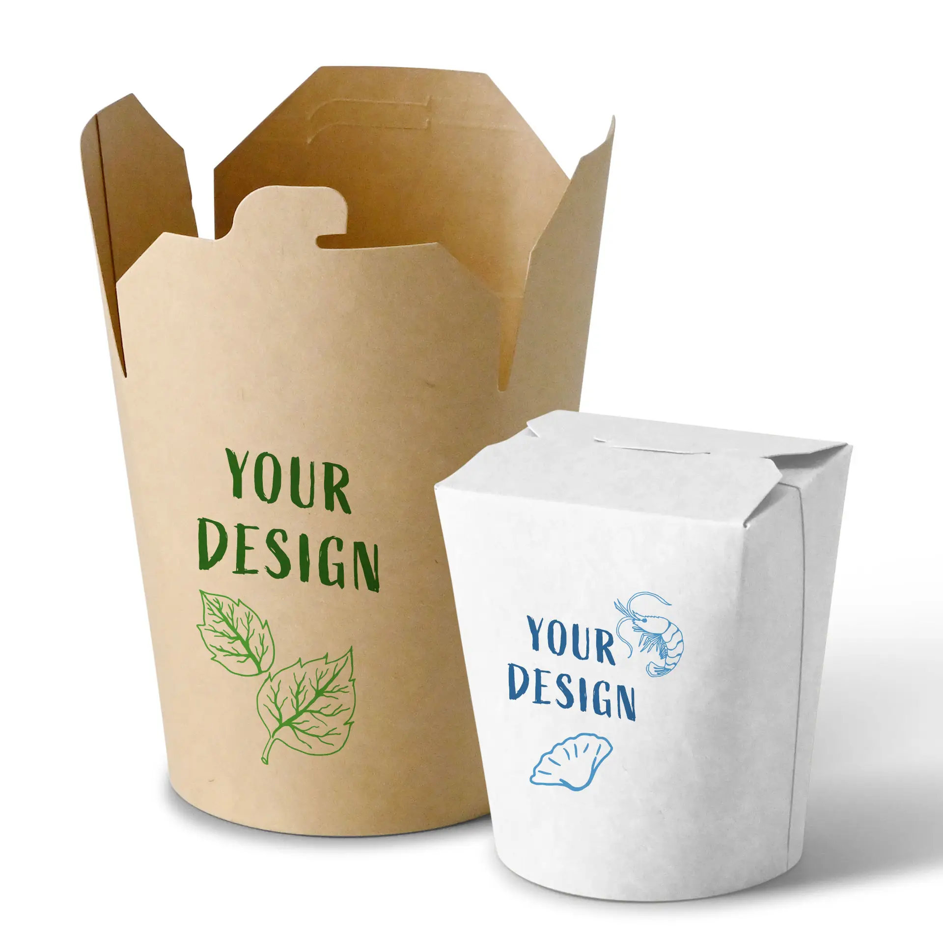 Scatole per noodles asiatiche stampate personalizzate in kraft marrone e cartone bianco; progettate per piatti caldi/freddi con branding personalizzabile.