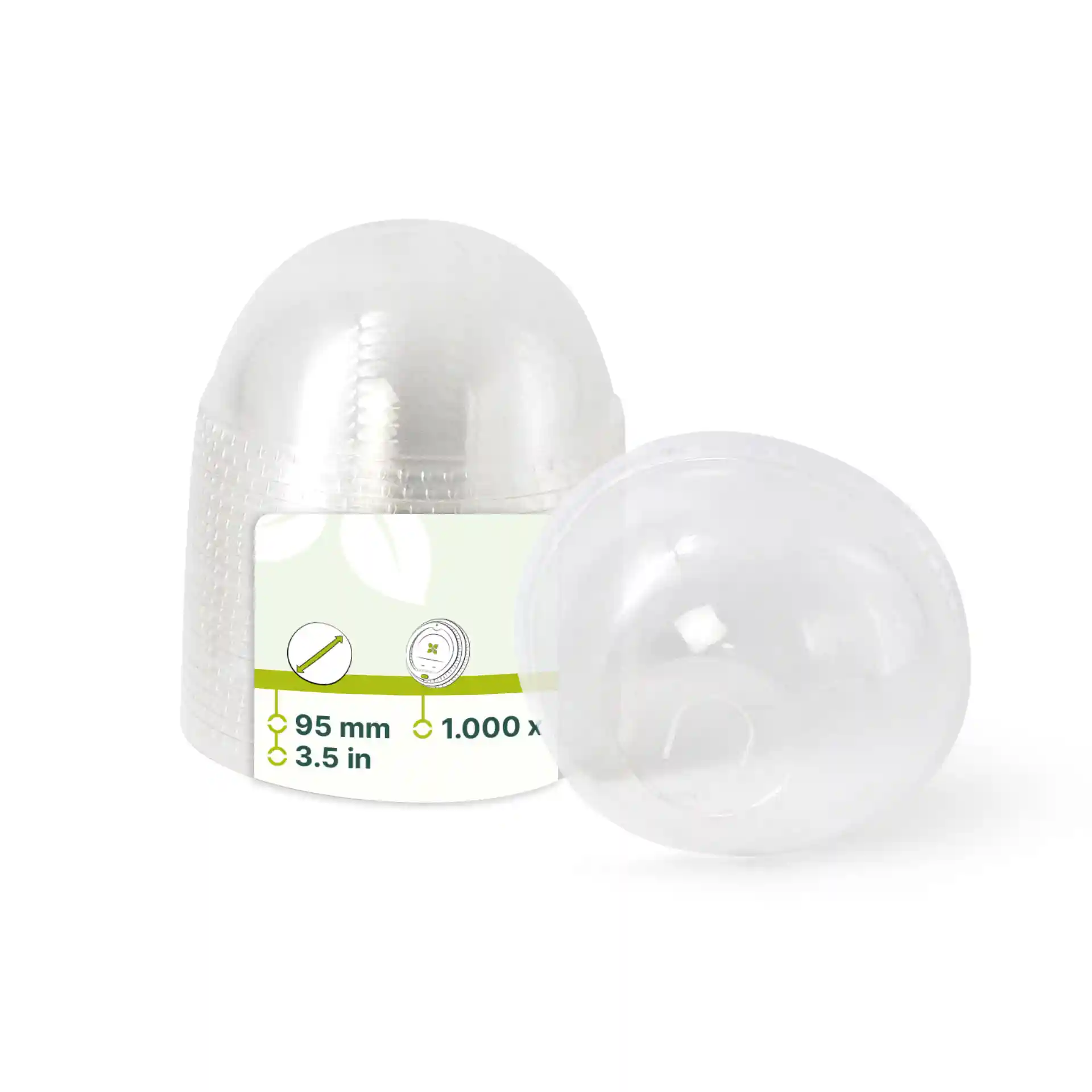 Coperchio a cupola in PLA trasparente con foro per cannuccia, diametro 95 mm, posizionato accanto a un coperchio simile.