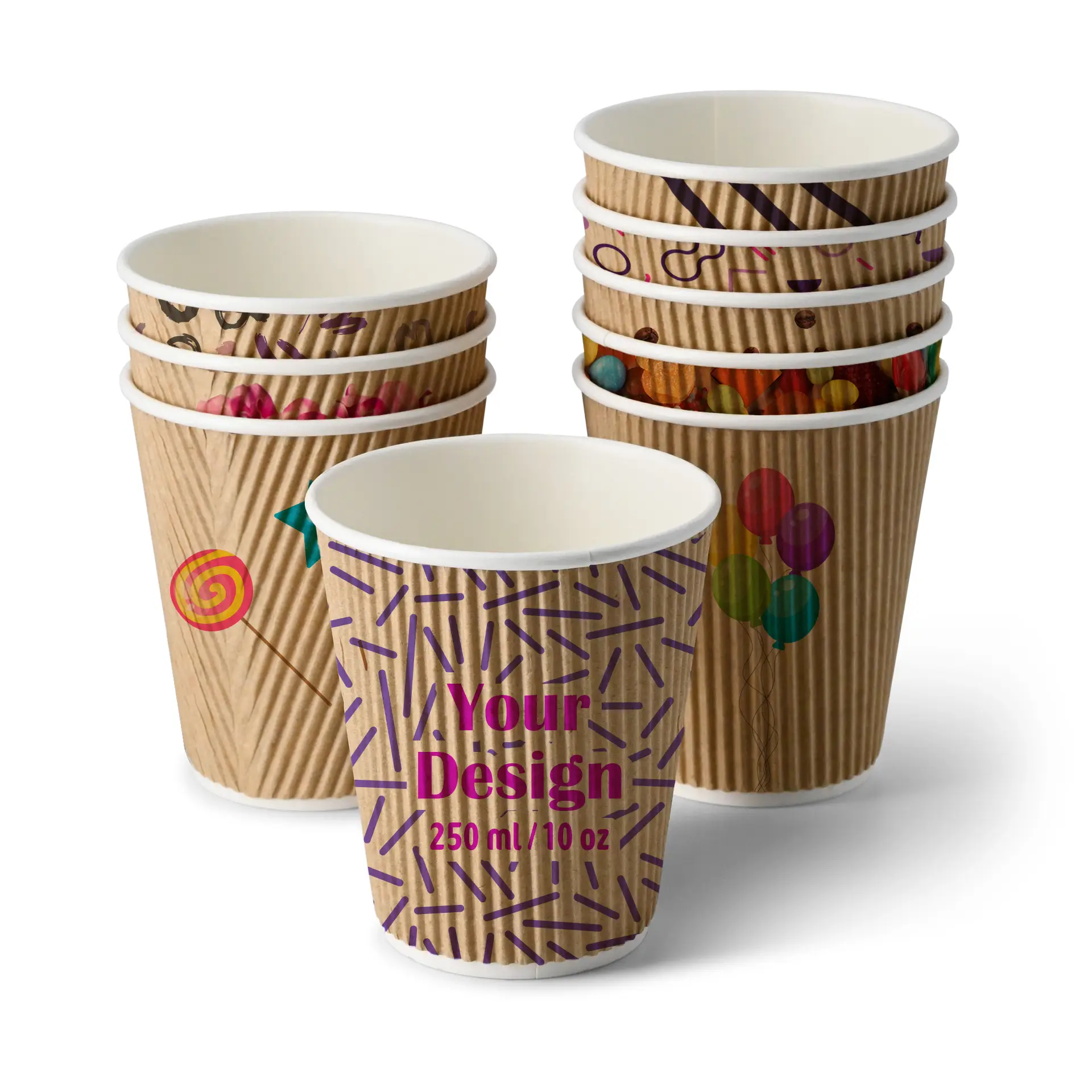 Riffelbecher bedruckt, 250 ml / 10 oz, braun / weiß, PLA-beschichtet