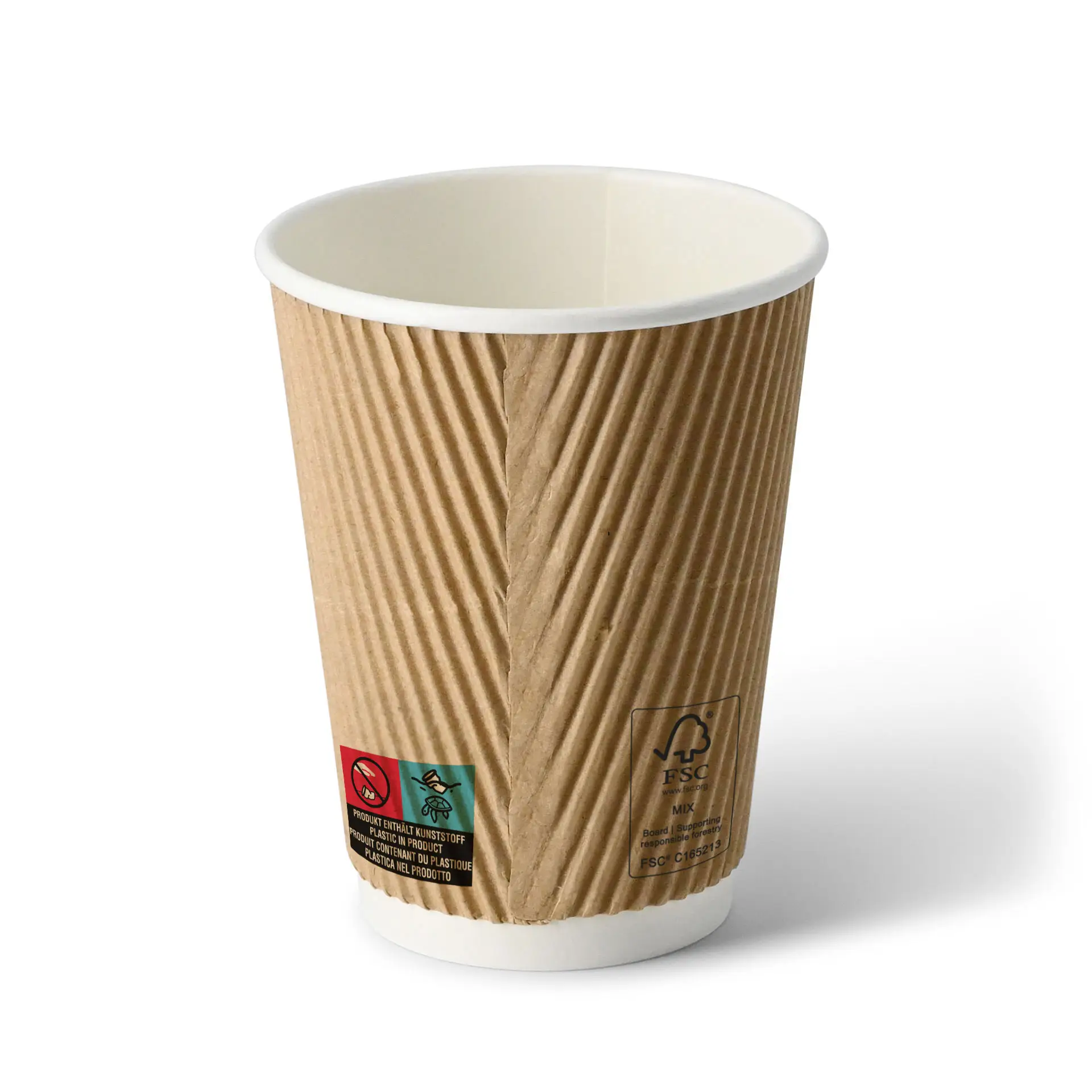 Tazza da caffè ondulata marrone da 12 oz con interno bianco; adatta per bevande calde e fredde; rivestimento in PE per durata.