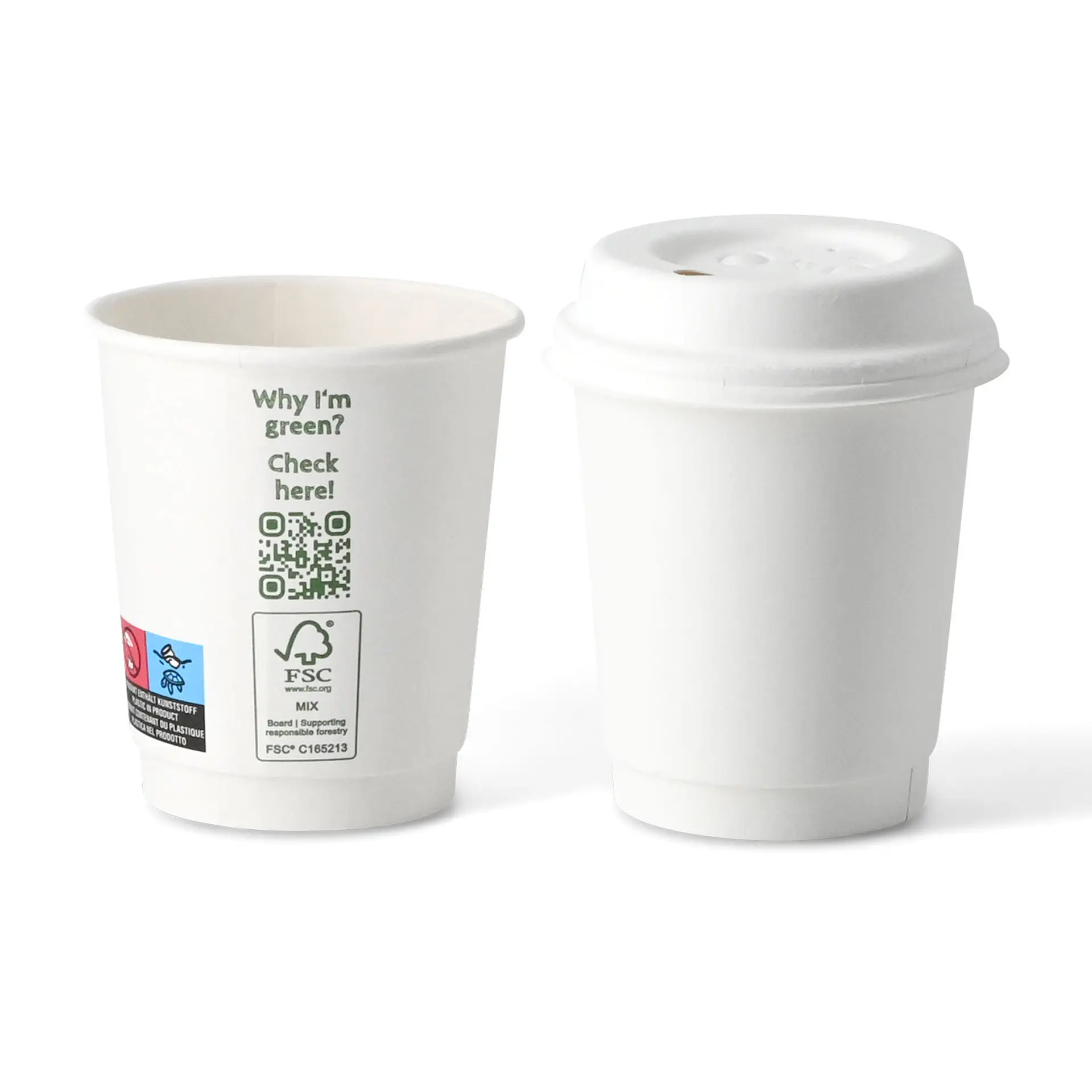Bicchiere da caffè to go, 200 ml / 8 oz, Ø 80 mm, doppia parete, bianco, rivestito in PLA
