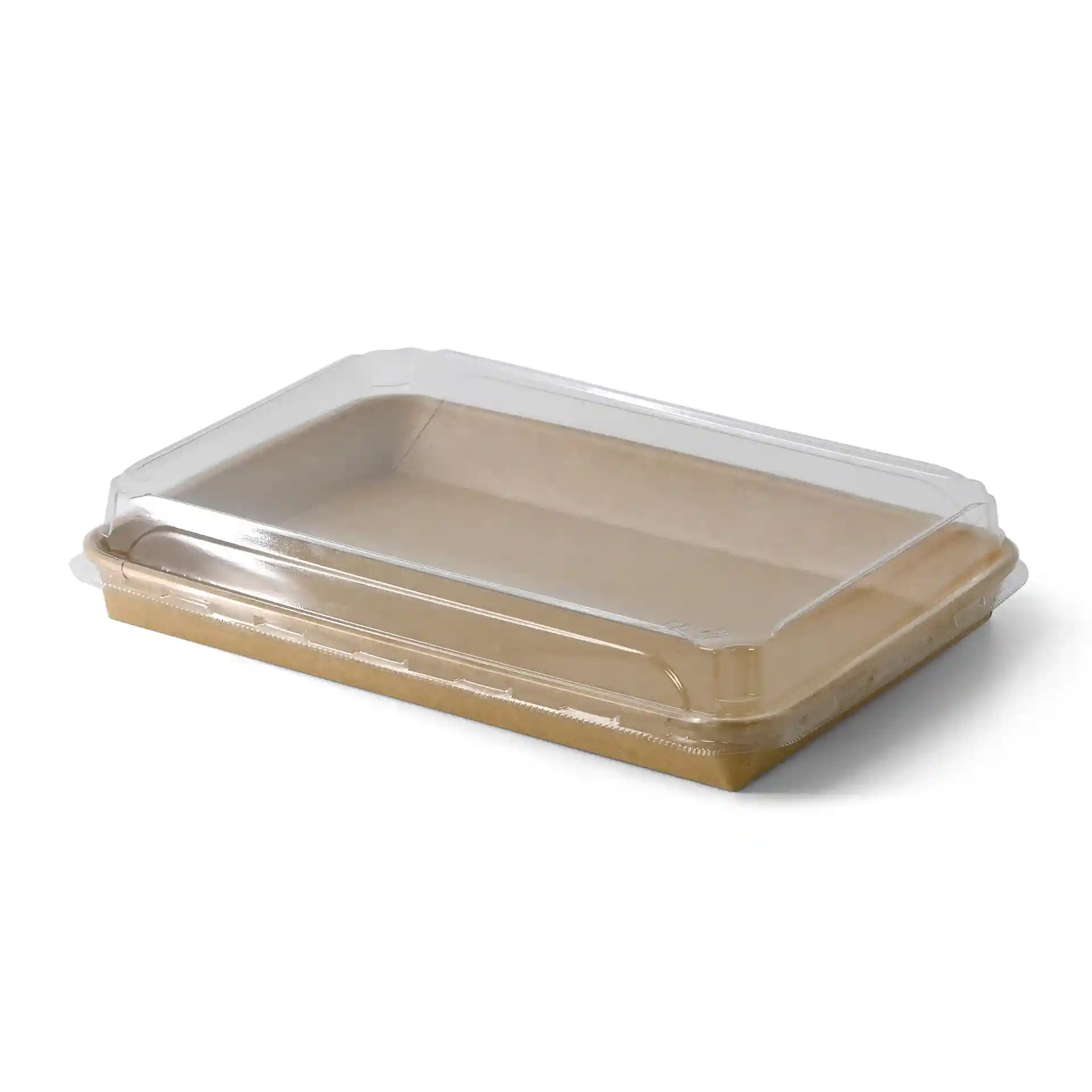 Scatola di sushi marrone con coperchio trasparente, misura 25,5 x 18 x 3 cm, con superficie rivestita in PE.