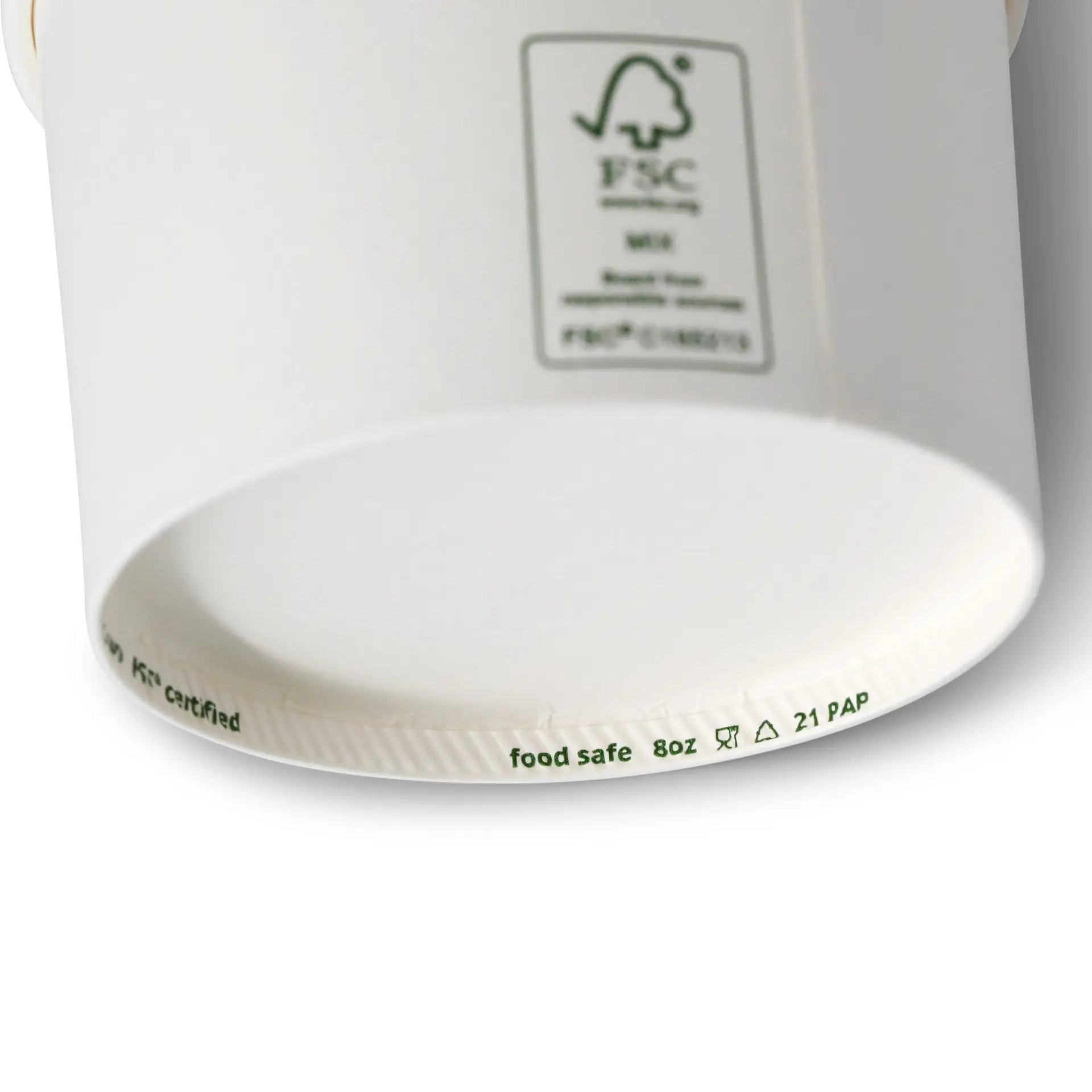 Bicchiere di carta bianco per gelato con etichetta sicura per alimenti e certificazione FSC, per porzioni da 8 oz.