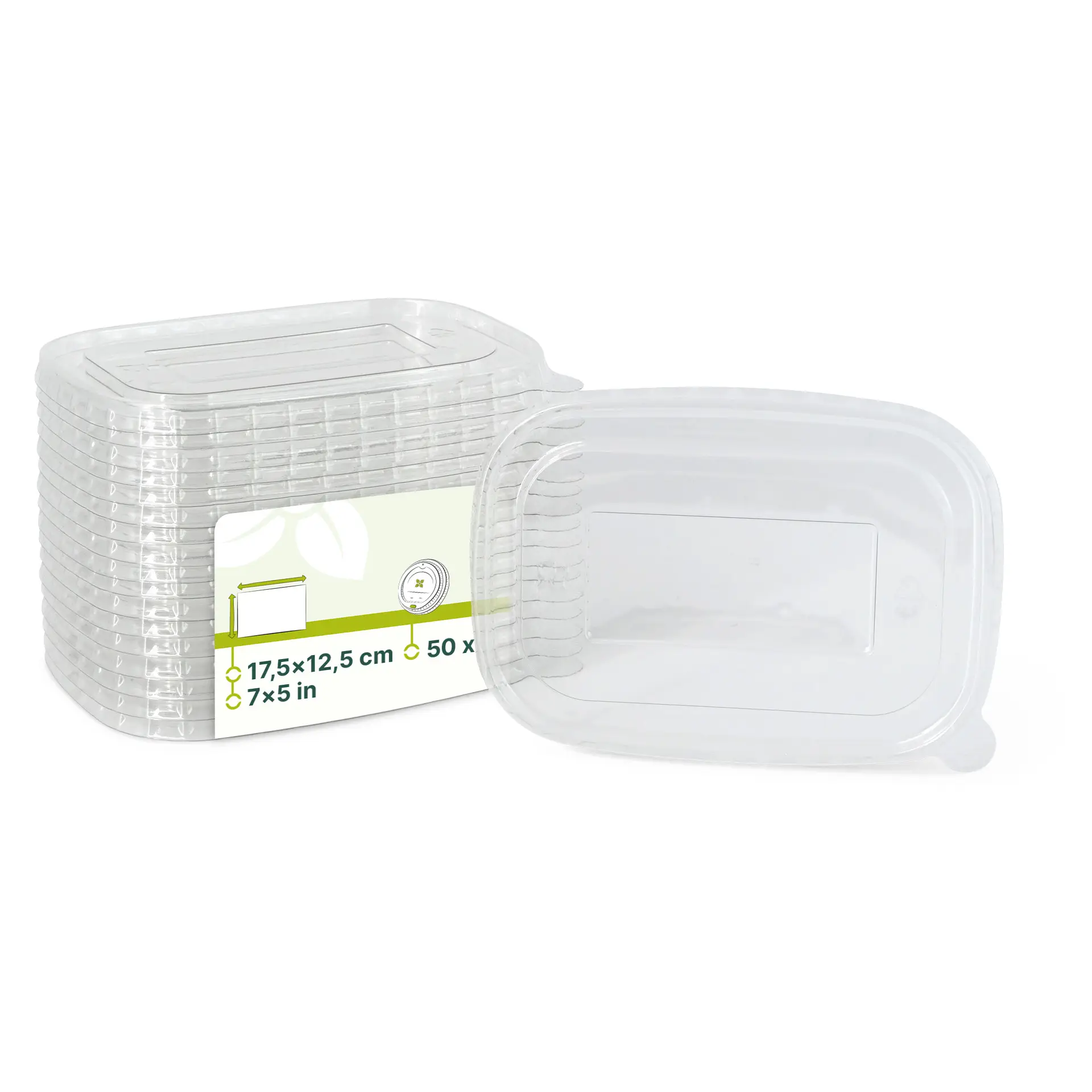 Coperchi rPET trasparenti per contenitori alimentari in cartone da 500 ml, 750 ml e 1000 ml; adatti per piatti caldi e freddi.