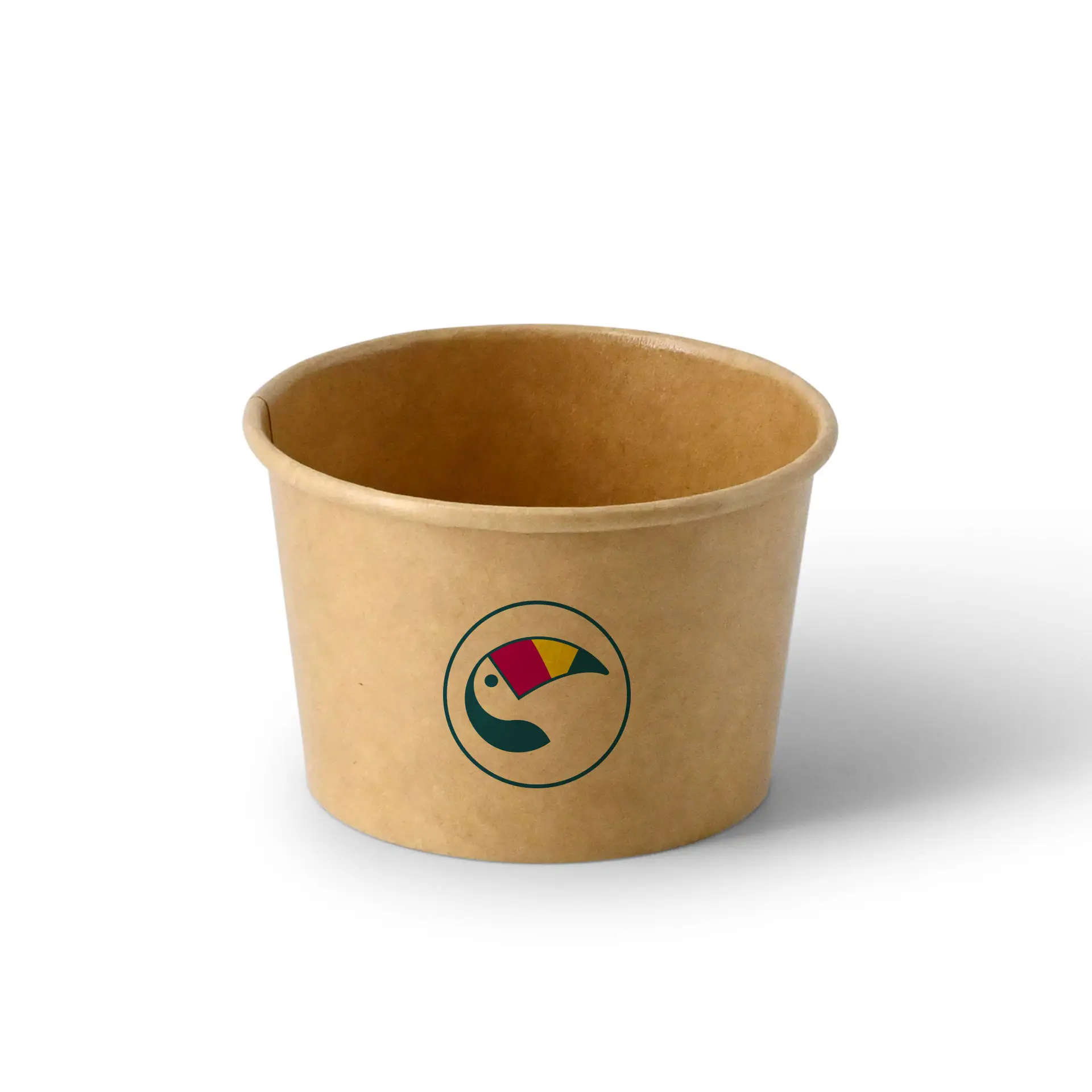 Bicchiere per gelato marrone con logo toucan colorato, progettato per gelaterie, coperchio sicuro disponibile.