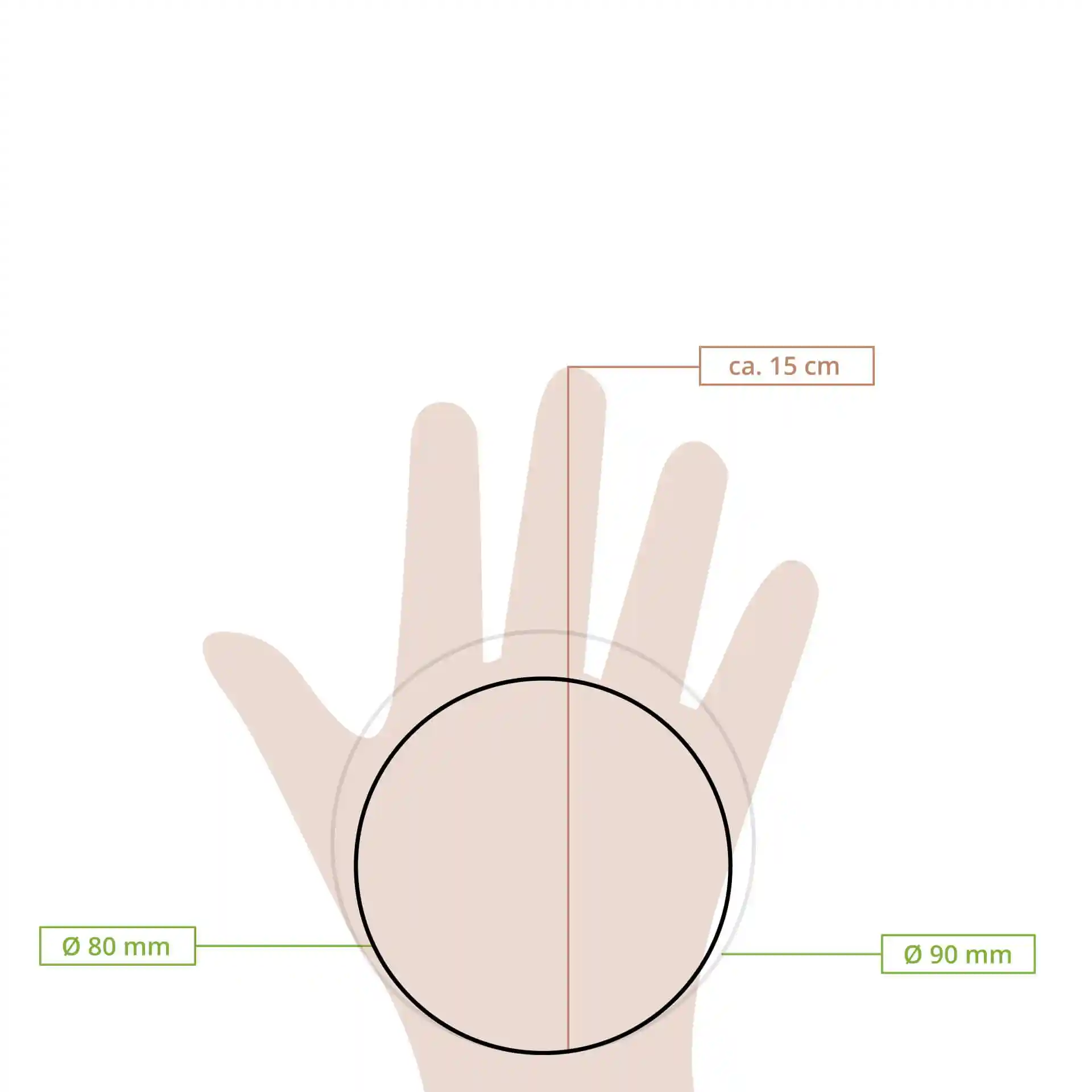 Disegno schematico di una mano con un cerchio che indica le dimensioni di Ø 80 mm e Ø 90 mm, etichettato con misure.