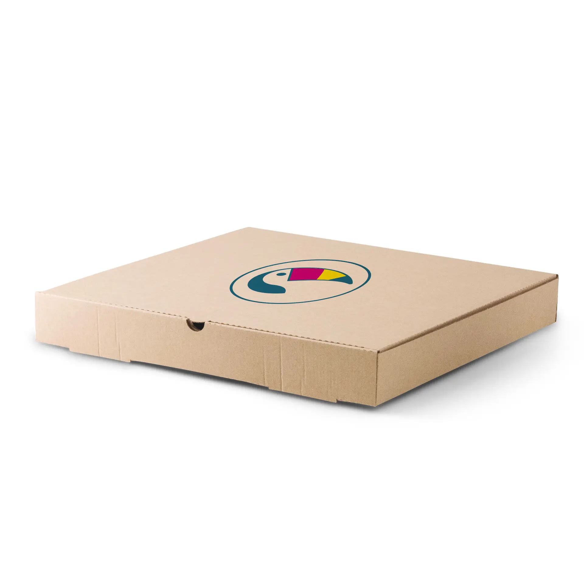 Scatola per pizza marrone con un logo circolare che presenta un design di tucano colorato, misura 32 x 32 x 4 cm.