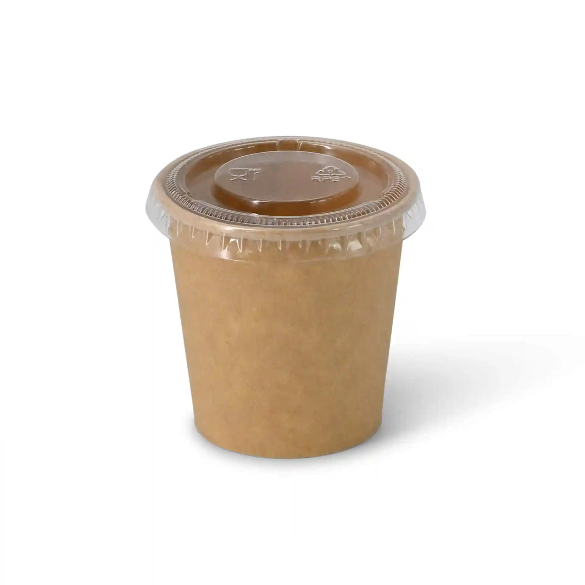 Contenitore rotondo marrone per deli con coperchio trasparente, capacità di 75 ml, realizzato in cartone rivestito.
