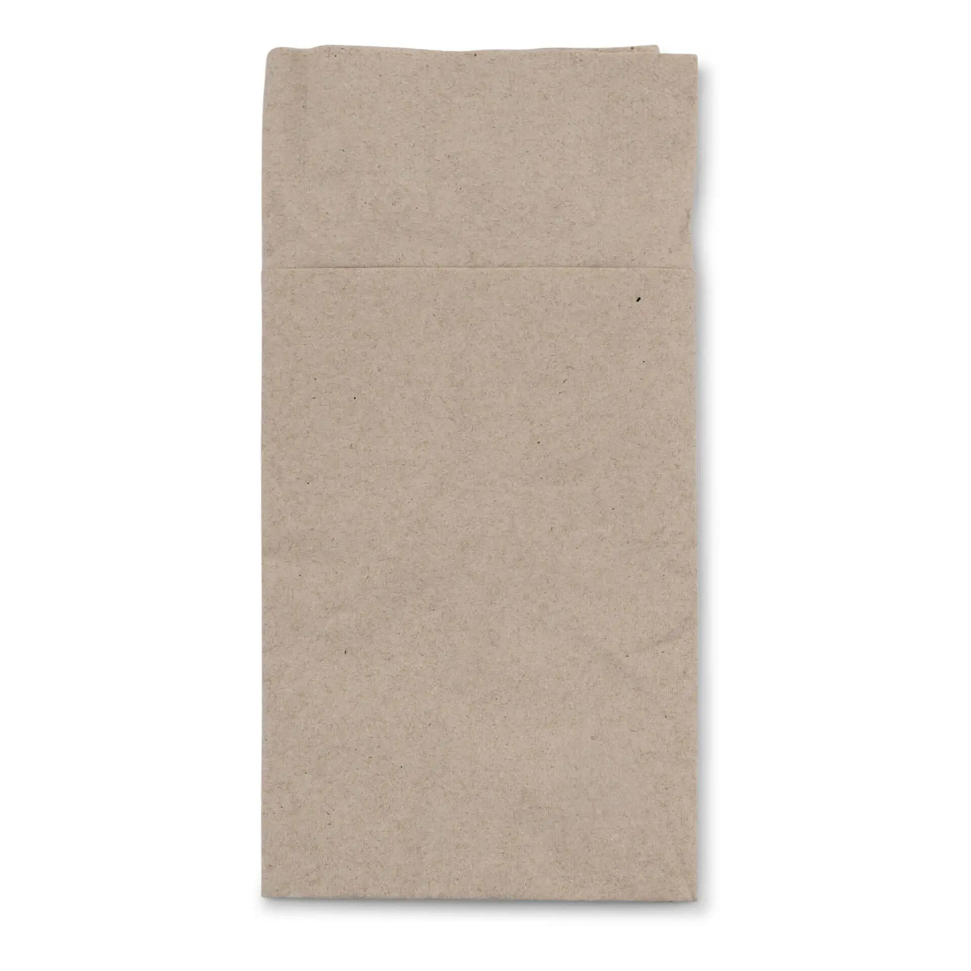 Sacchetto per posate in carta non sbiancata rettangolare, 10 x 19,5 cm, con simbolo di riciclo stampato.