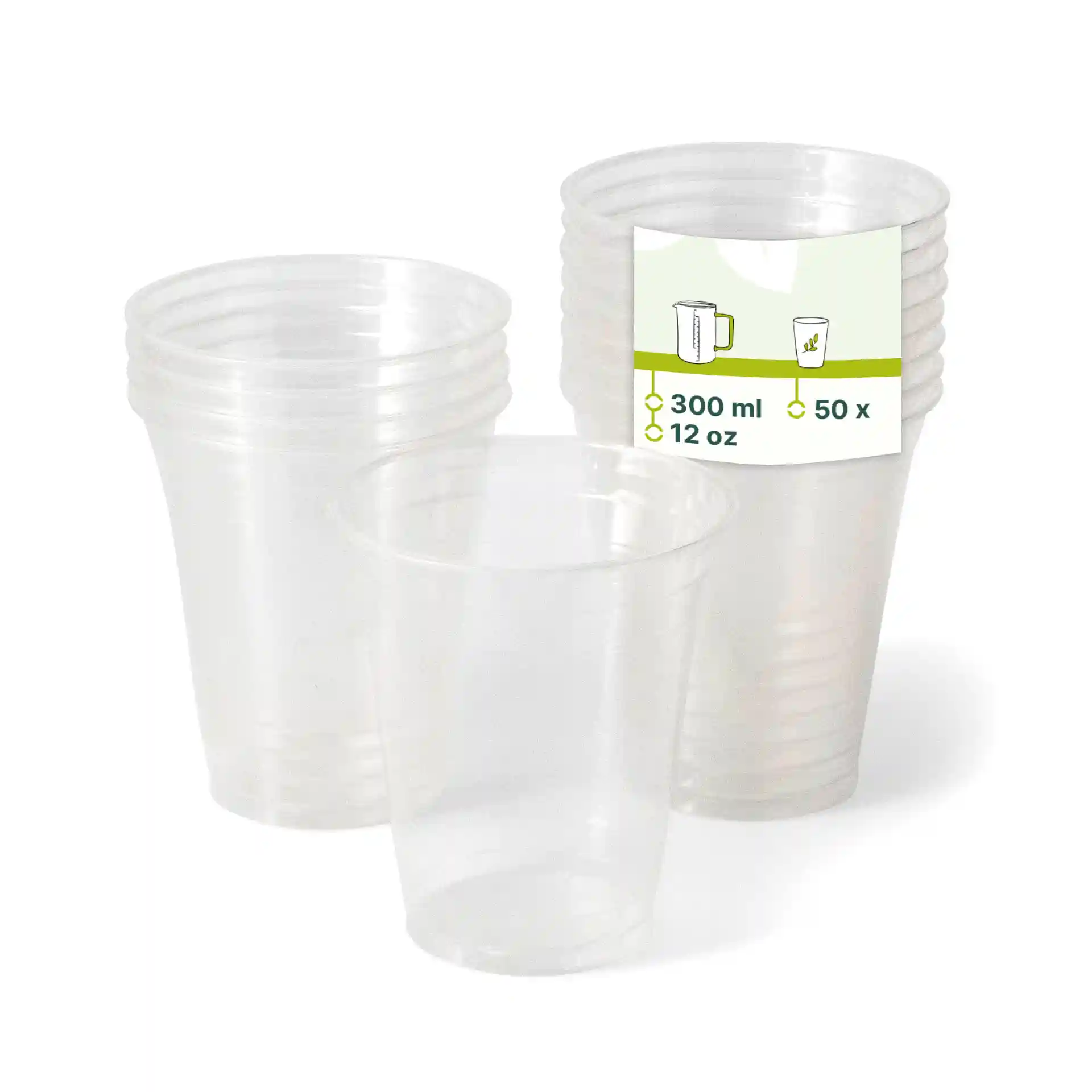 Bicchieri di plastica trasparenti impilati, con un bicchiere davanti e un'etichetta che mostra 300 ml e 50 pezzi.