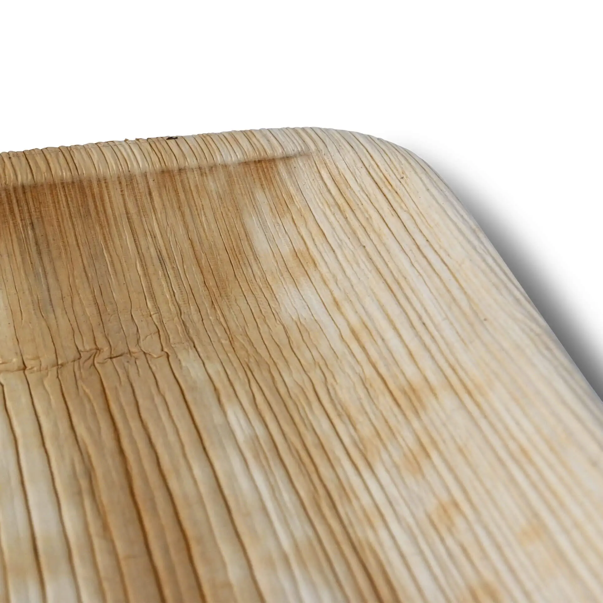 Un piatto quadrato in foglia di palma con una texture a grana naturale, misurando 25 x 25 cm; bordo parzialmente visibile mostrato.