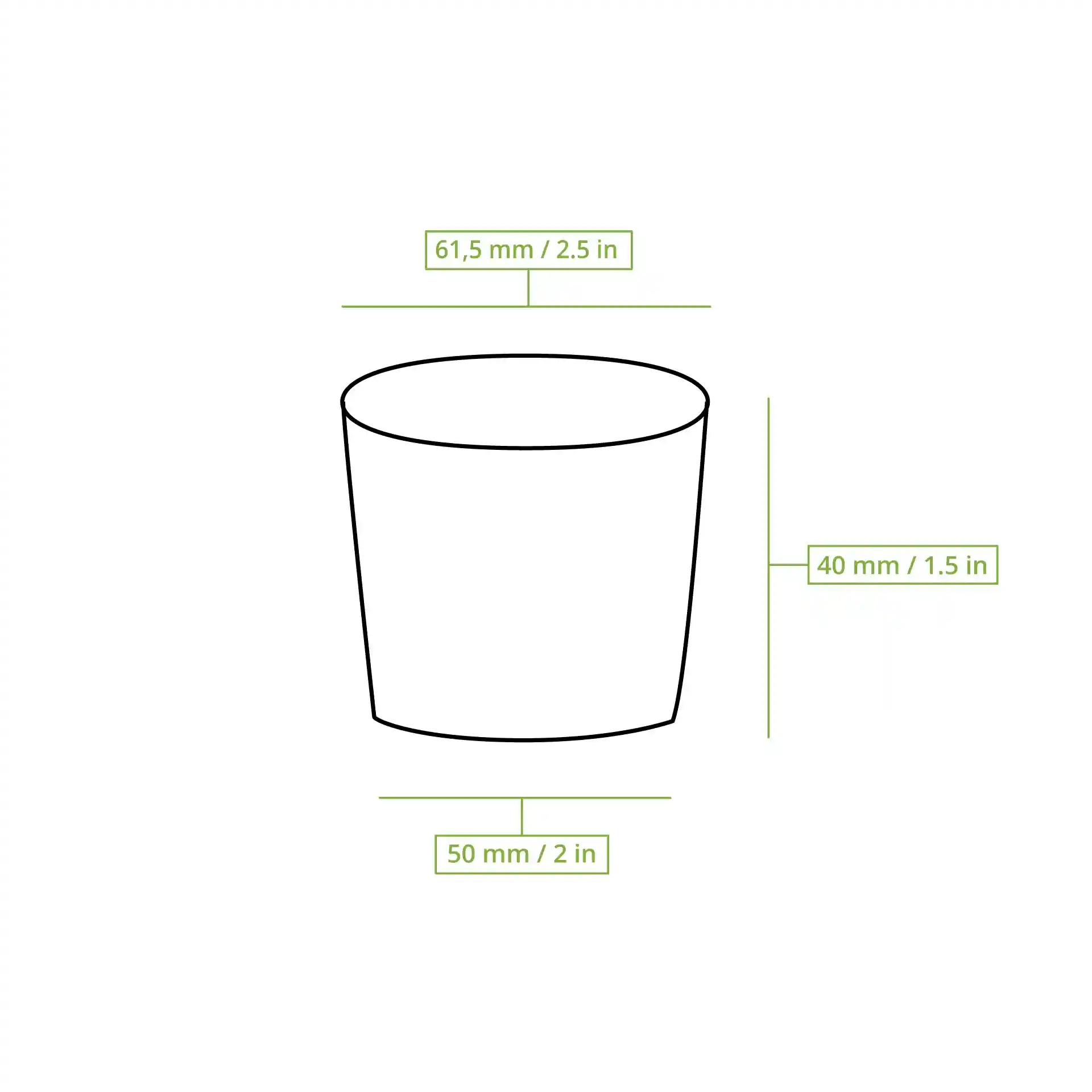 Disegno schematico di un bicchiere di carta con dimensioni: altezza 40 mm, diametro 62 mm e diametro della base 50 mm.